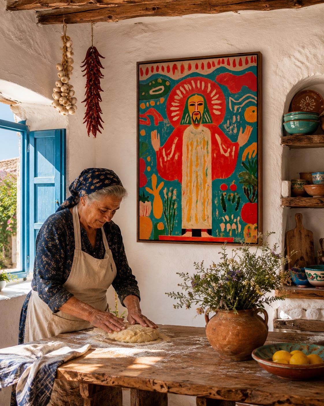 Religious sacred figure artwork displayed above a decorative console in a living room