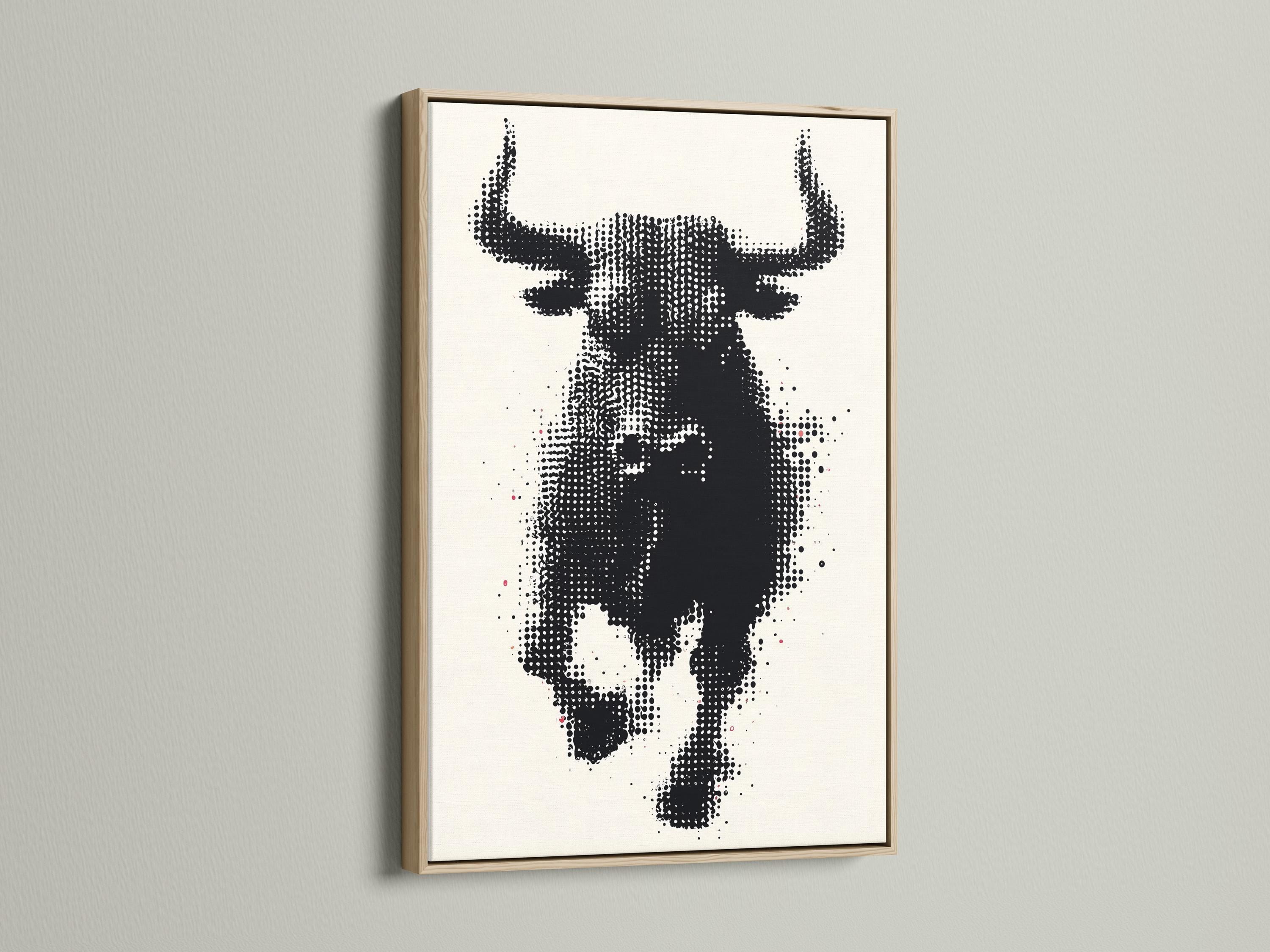 Black and white halftone bull head artwork with horns detail view