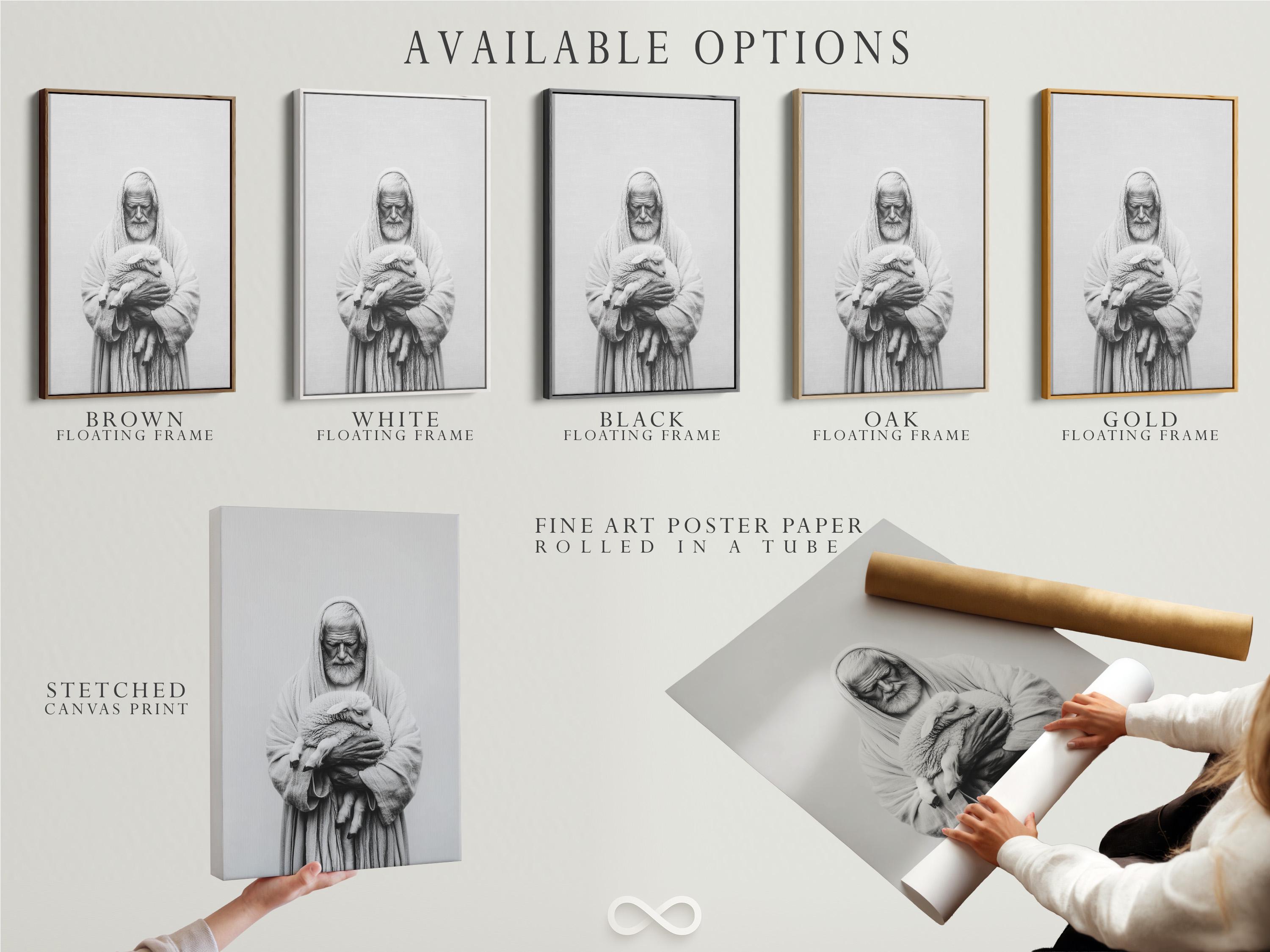 Room mockup showing a framed black-and-white portrait of a hooded shepherd holding a lamb