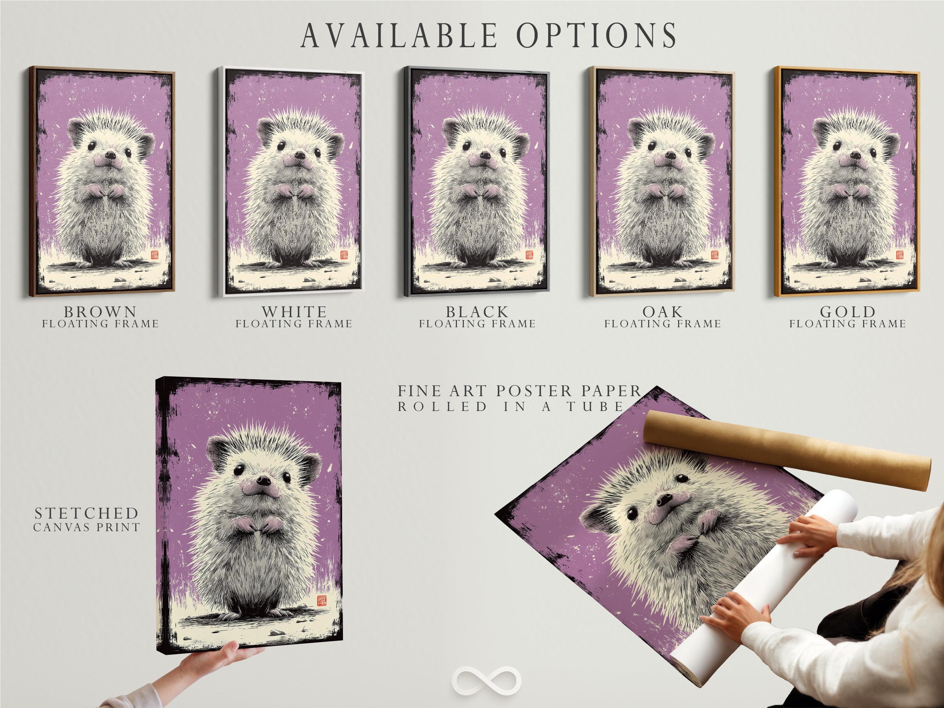 Hedgehog artwork shown in a framed wall mockup on a light background