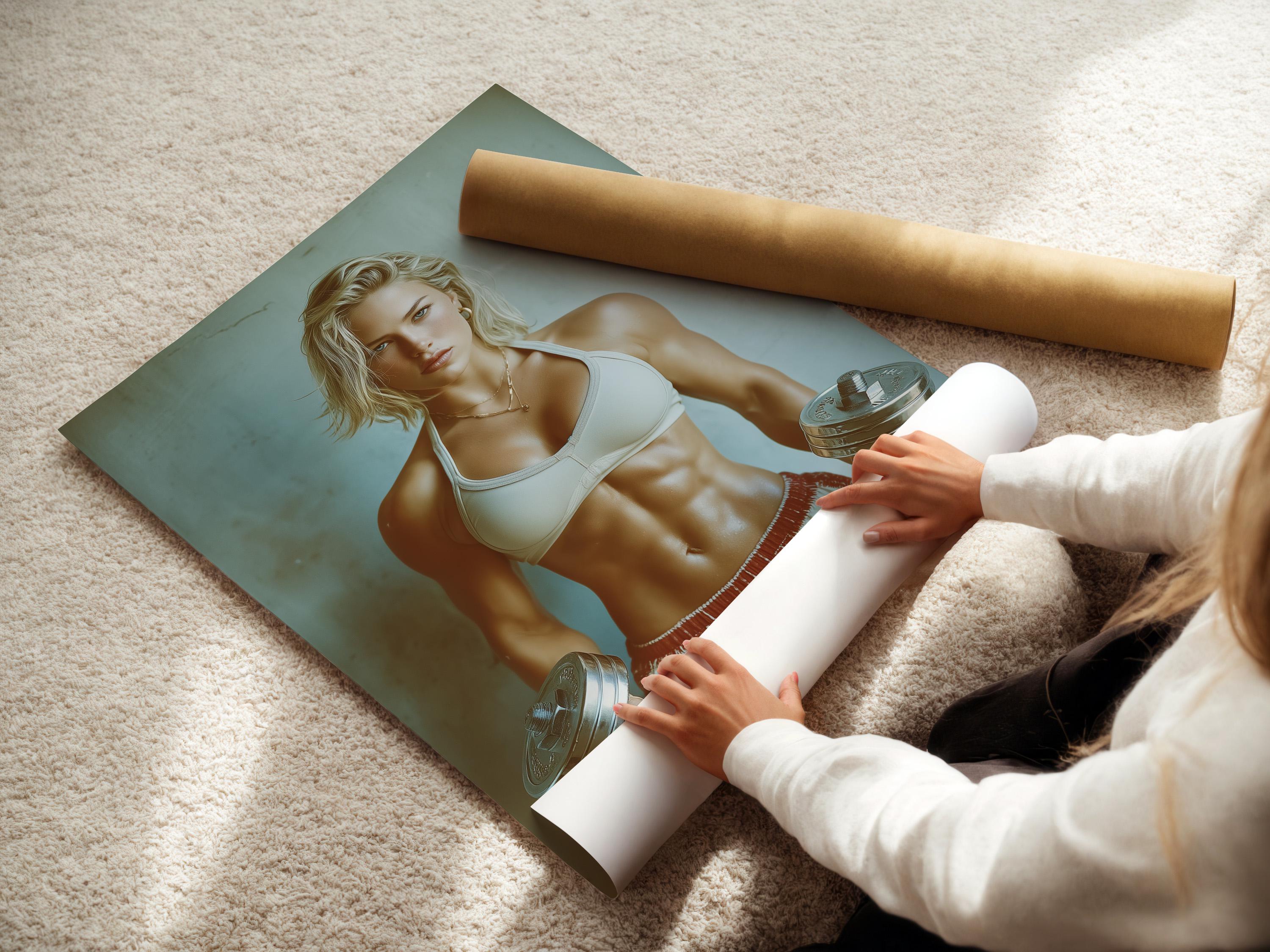 Room mockup showing a framed fitness portrait of a woman holding dumbbells on a teal background