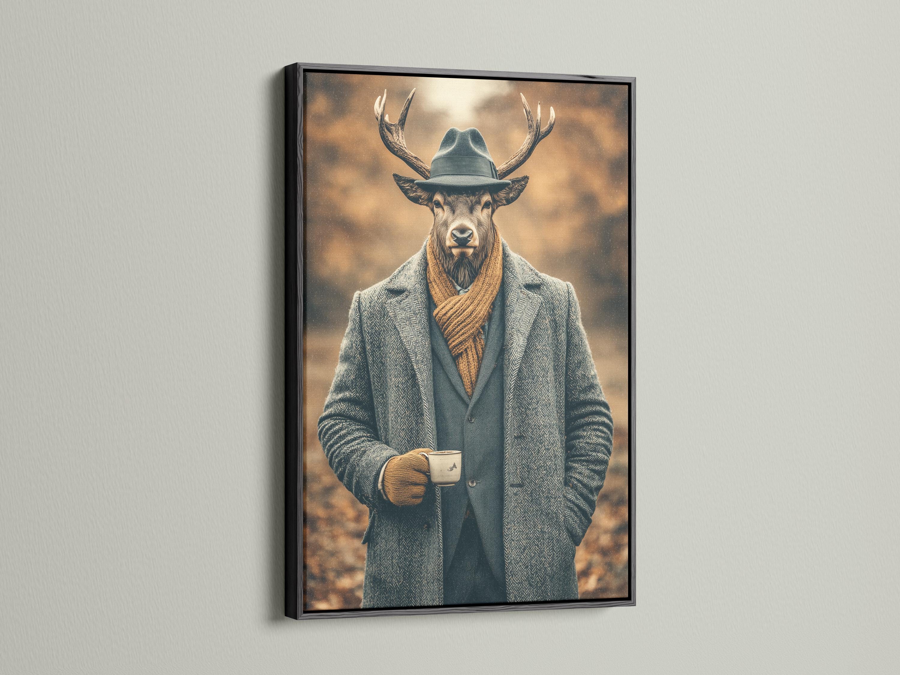 Gentleman deer portrait wearing a hat, suit jacket and scarf against a warm brown haze background detail view