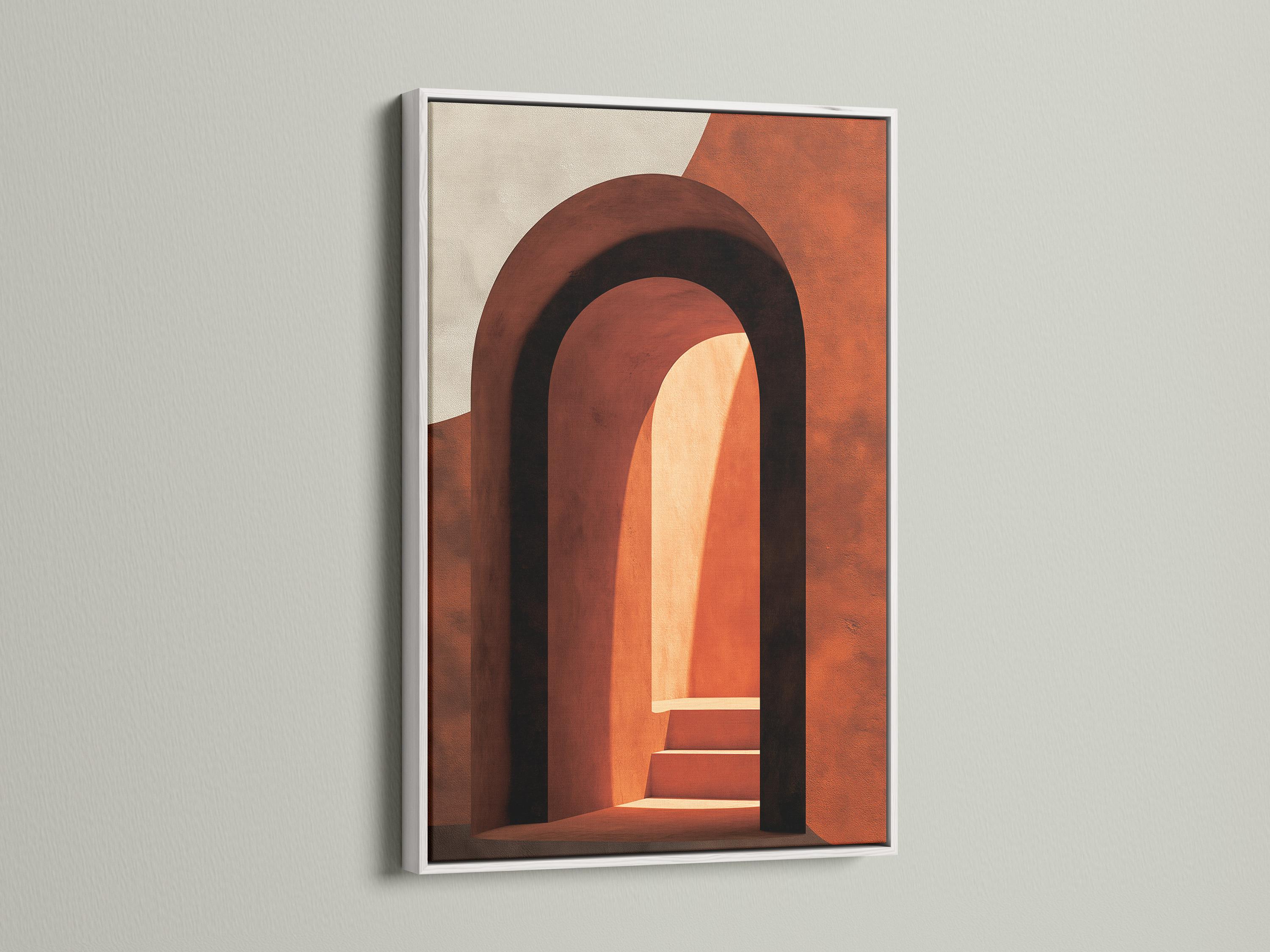 Woman holding a mug standing beside an abstract arch wall artwork in warm terracotta tones