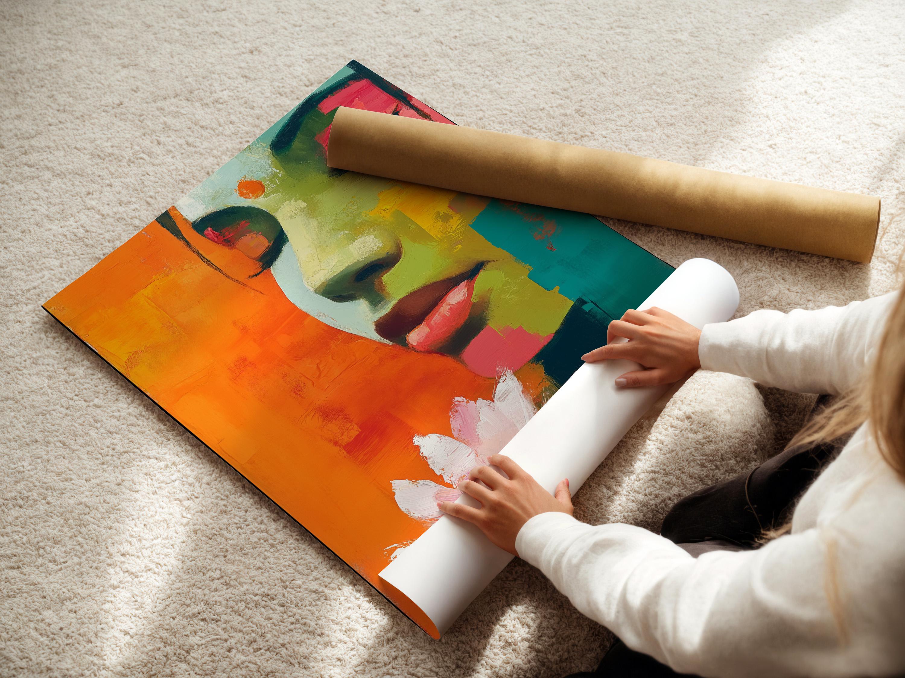 Abstract framed portrait of a woman profile with a lotus flower, shown in a room mockup with multiple frame options