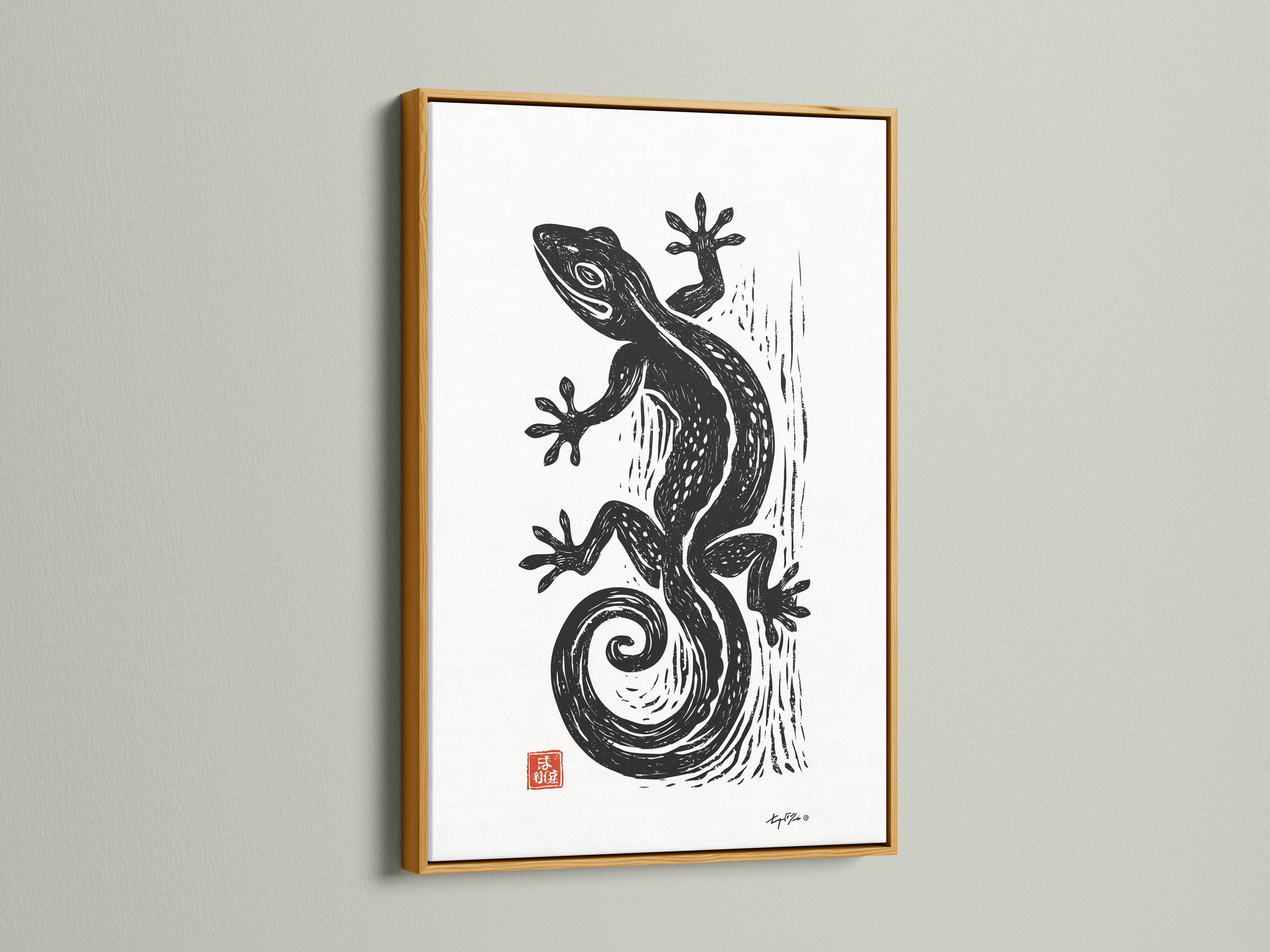 Room mockup showing framed lizard illustration on a wall with small red seal detail