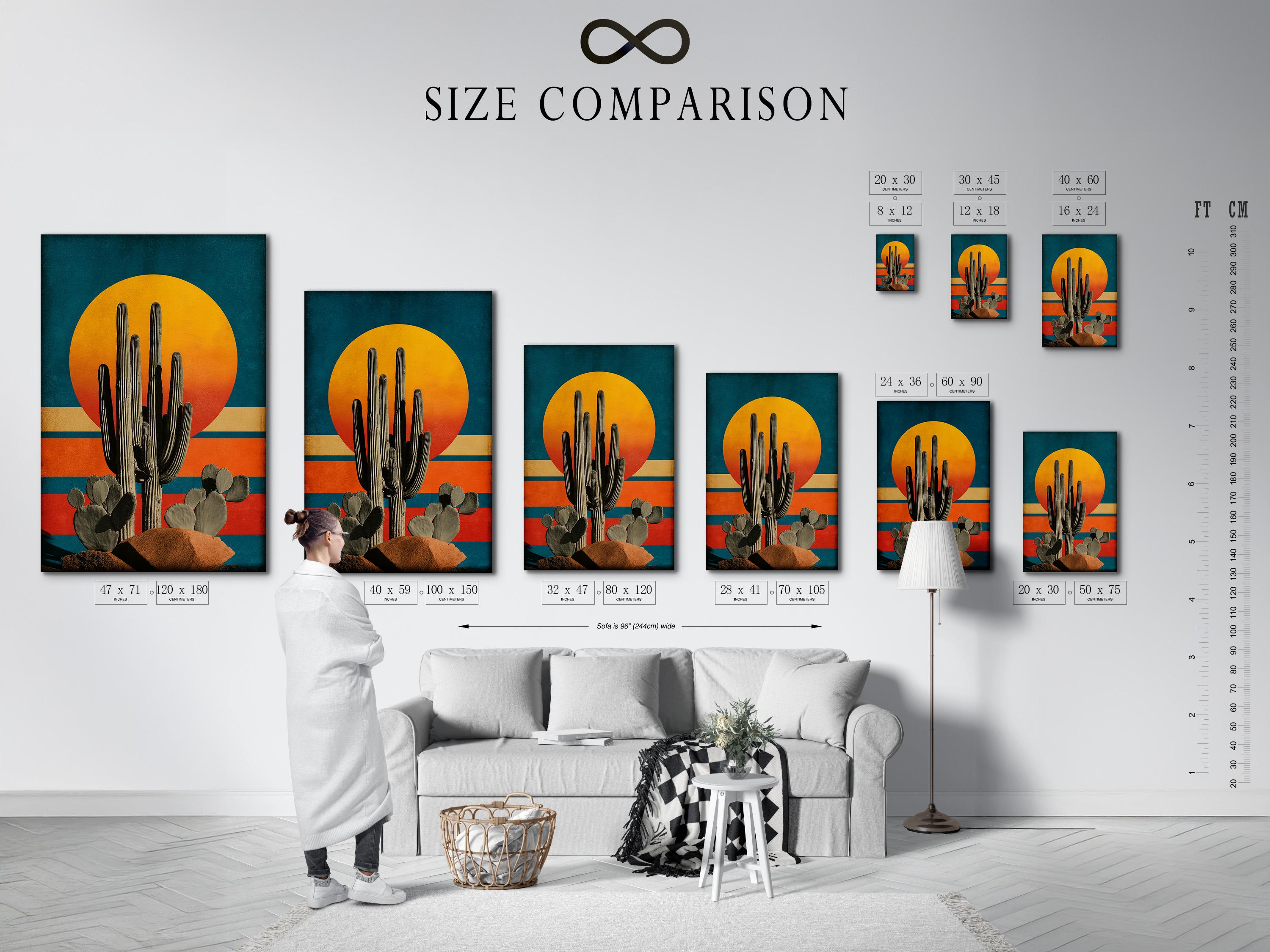 Illustration of a tall cactus with rounded pads beneath a large golden sun over teal and terracotta stripes detail view