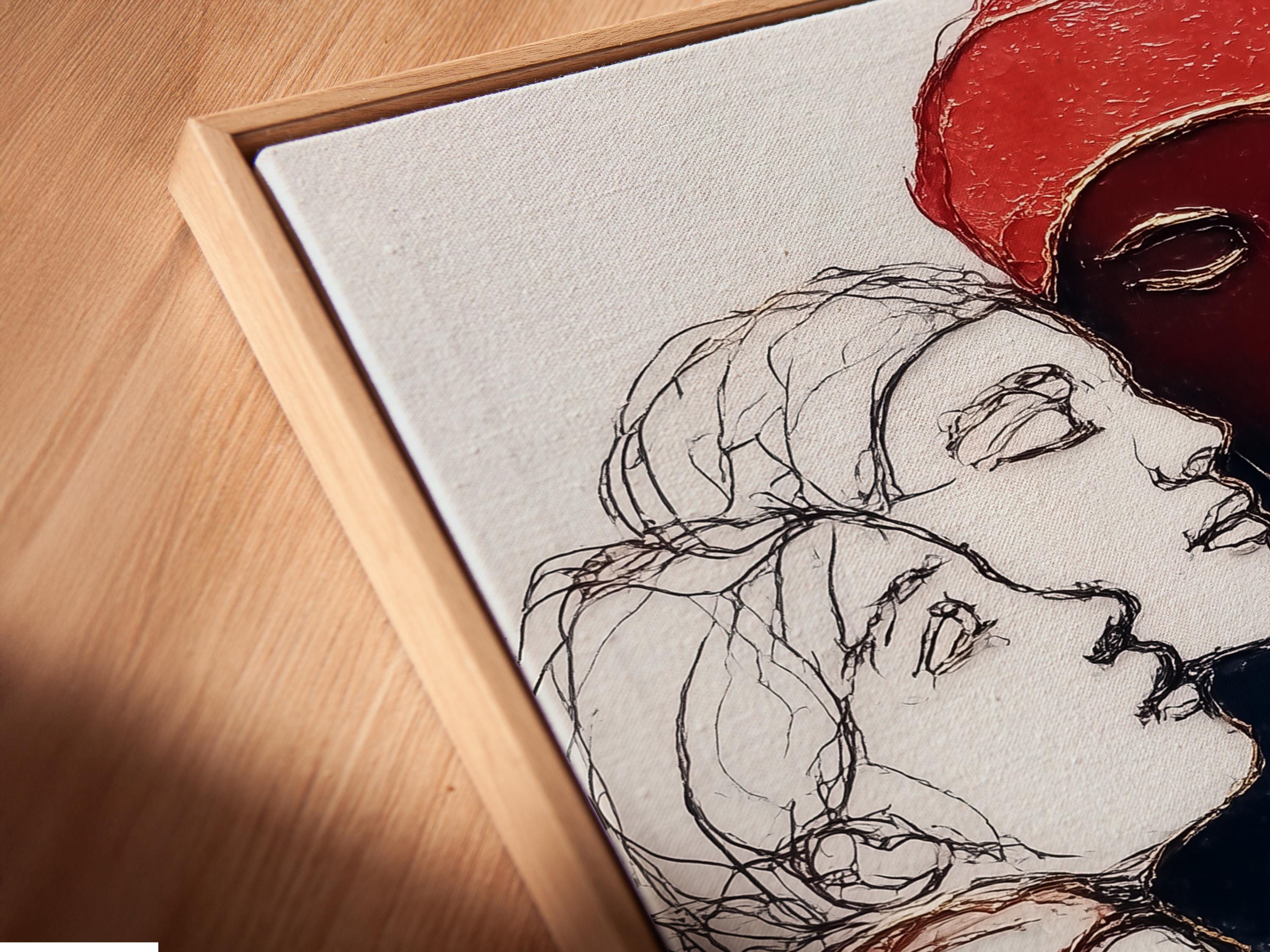 Red and gold women portrait illustration with overlapping faces and headscarves detail view