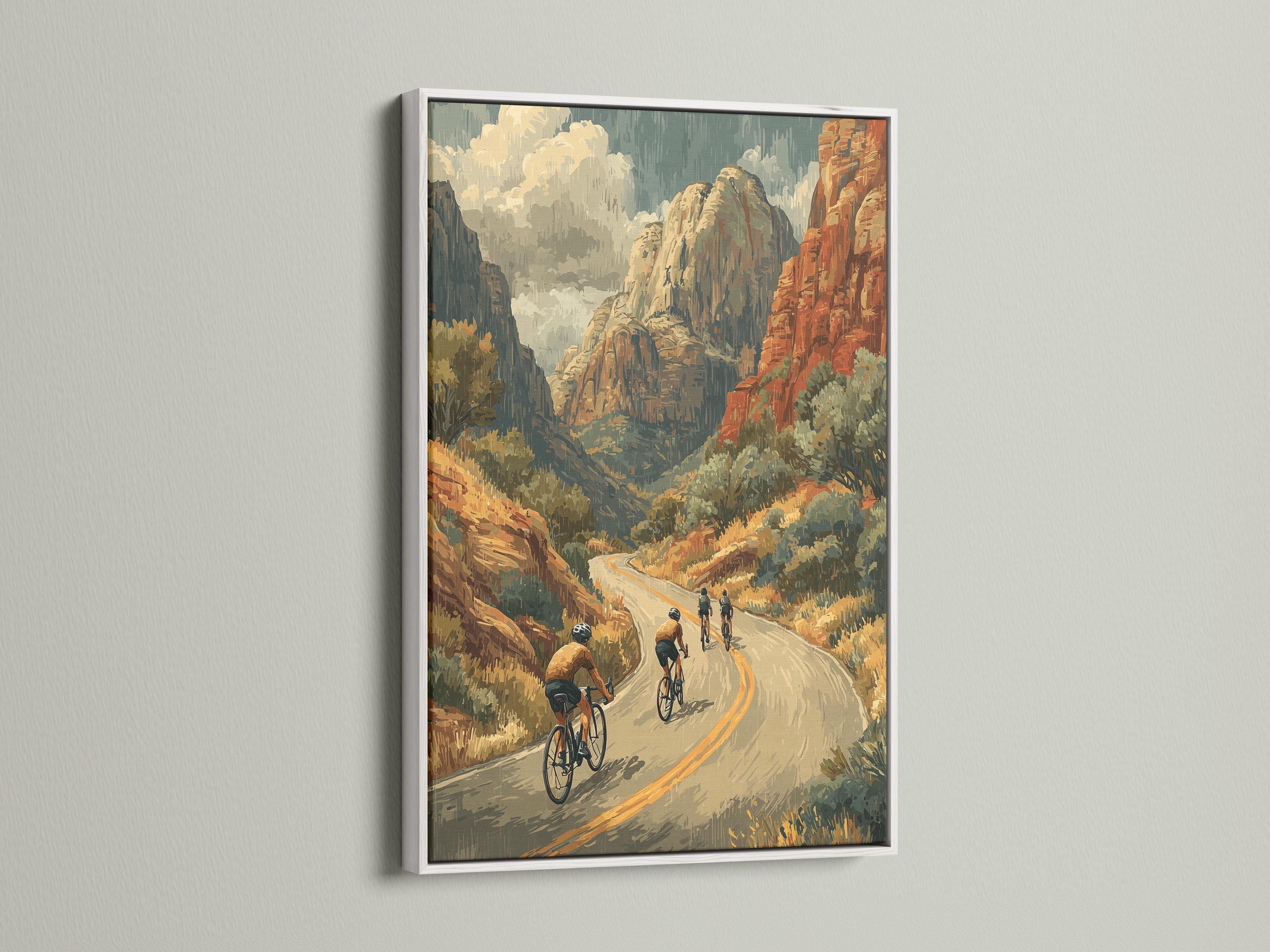 Retro mountain cycling scene with cyclists riding along a winding road through rocky cliffs detail view
