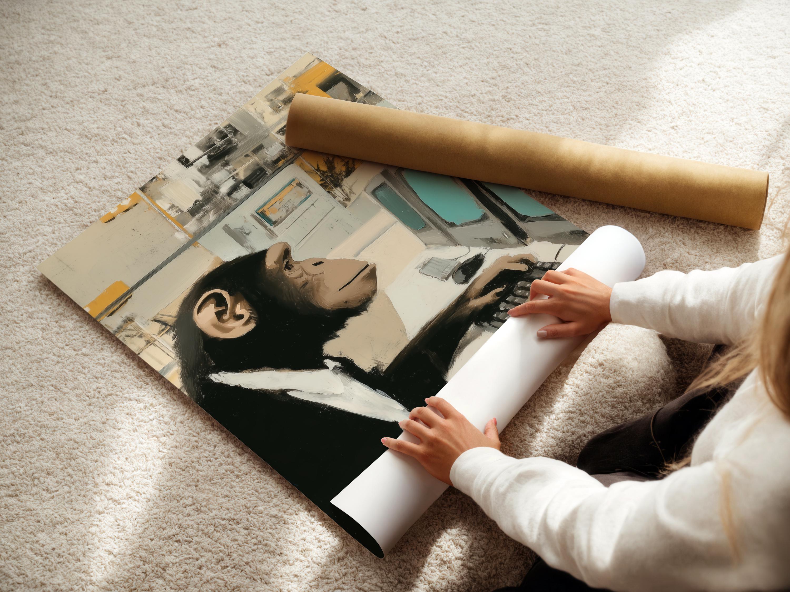 Painterly chimp in a white shirt typing at a desk with an abstract office background detail view