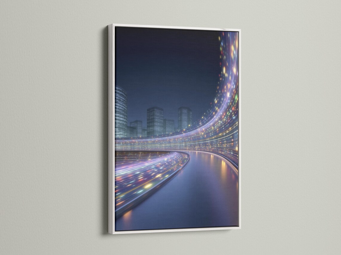 Night cityscape with high-rise buildings, a curving road, and glowing light trails detail view