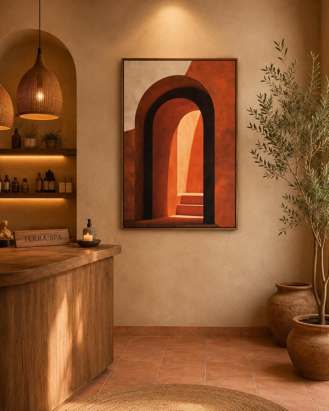 Woman holding a mug standing beside an abstract arch wall artwork in warm terracotta tones