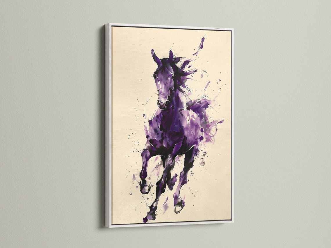 Abstract purple horse illustration with splatter marks on a cream background detail view