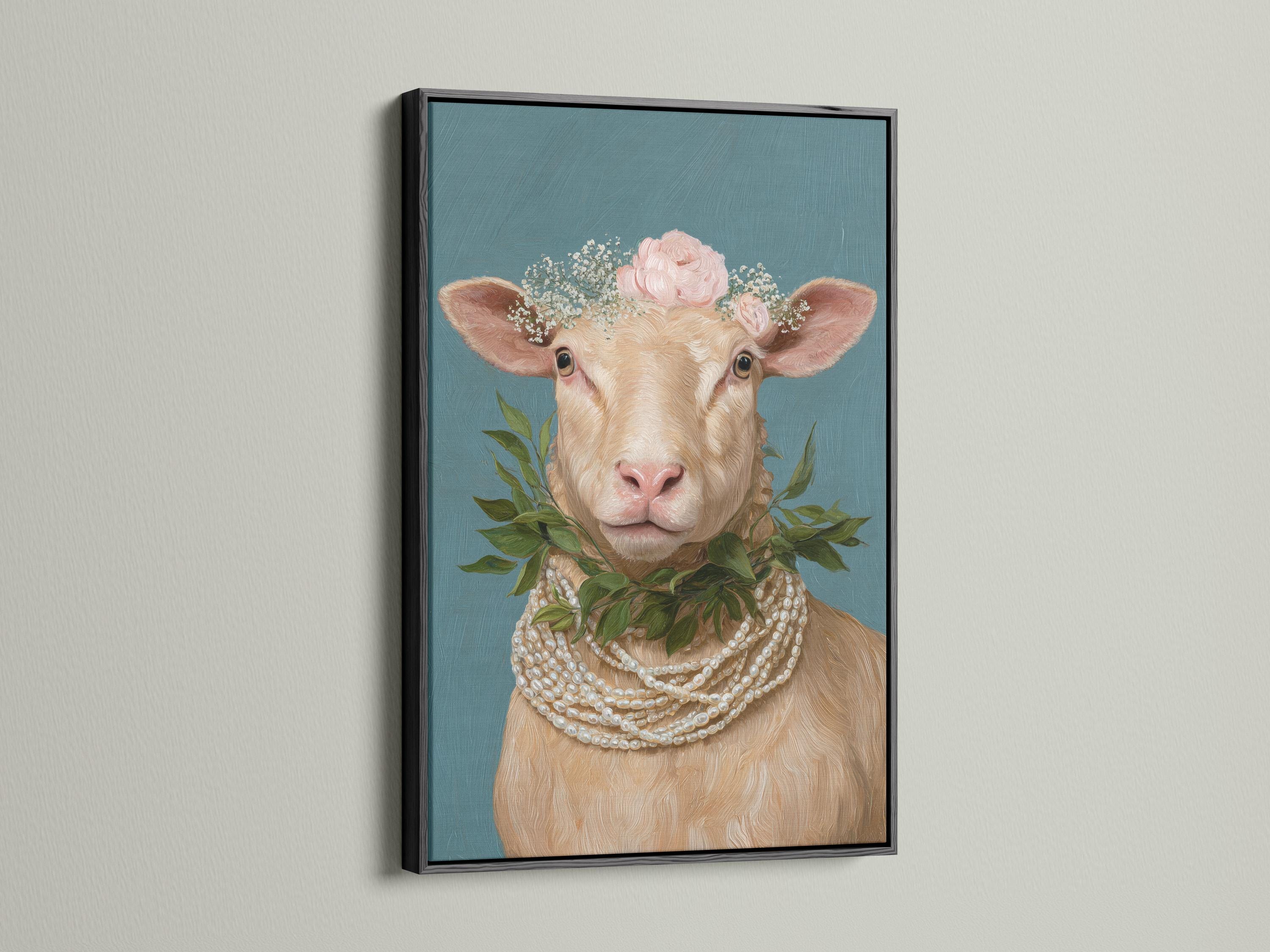 Portrait of a sheep with a pink floral crown and pearl-like necklace on a teal background detail view