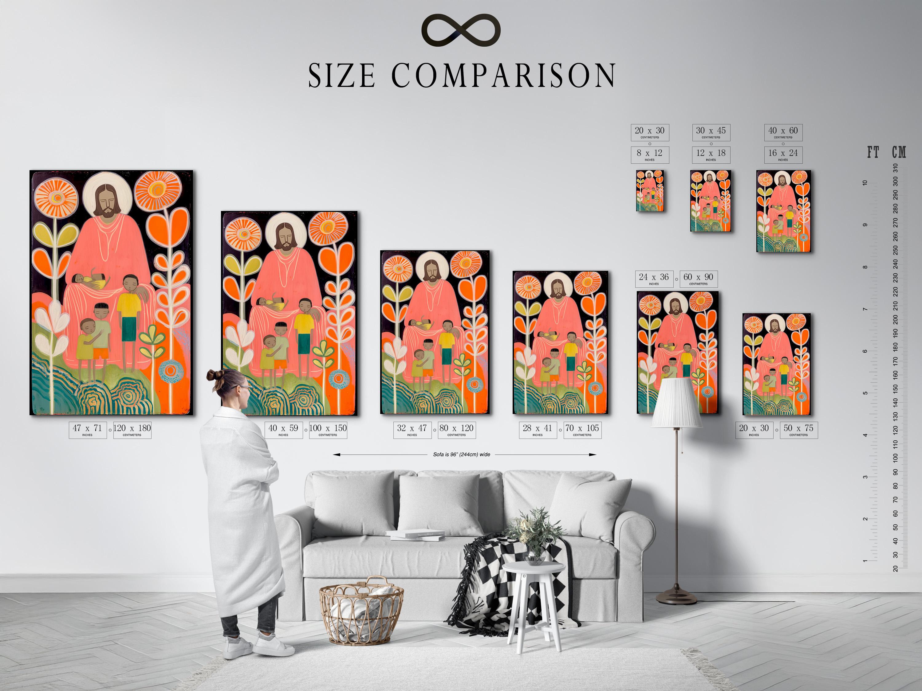 Folk art religious illustration of a haloed bearded figure with children, surrounded by glowing circles and flower stems detail view