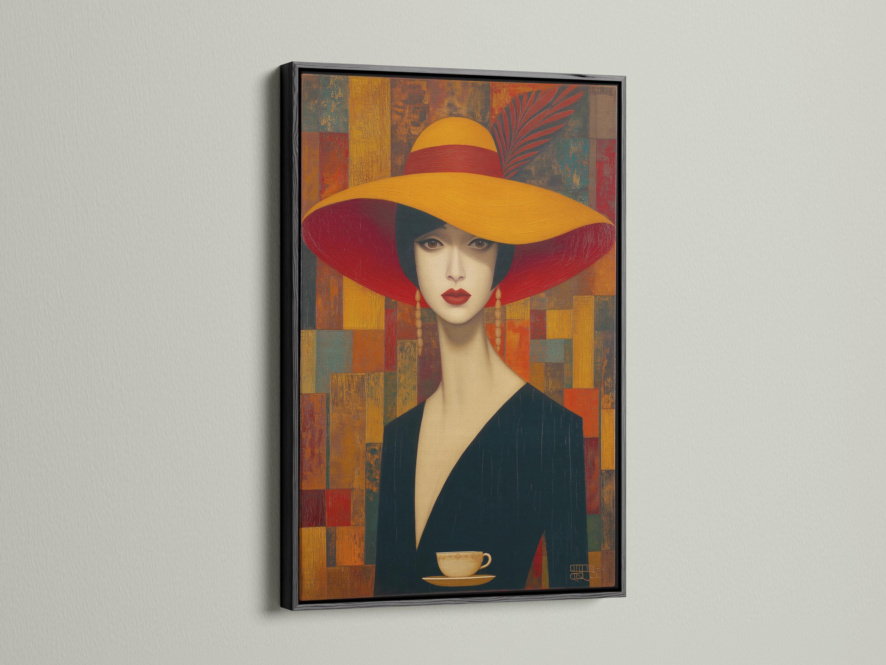 Stylised portrait of a woman wearing a wide red hat against a geometric red, gold and teal background detail view