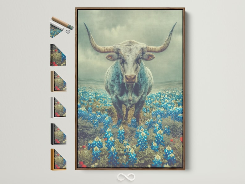 Longhorn bull standing in a blue flower field with a pale green-blue sky