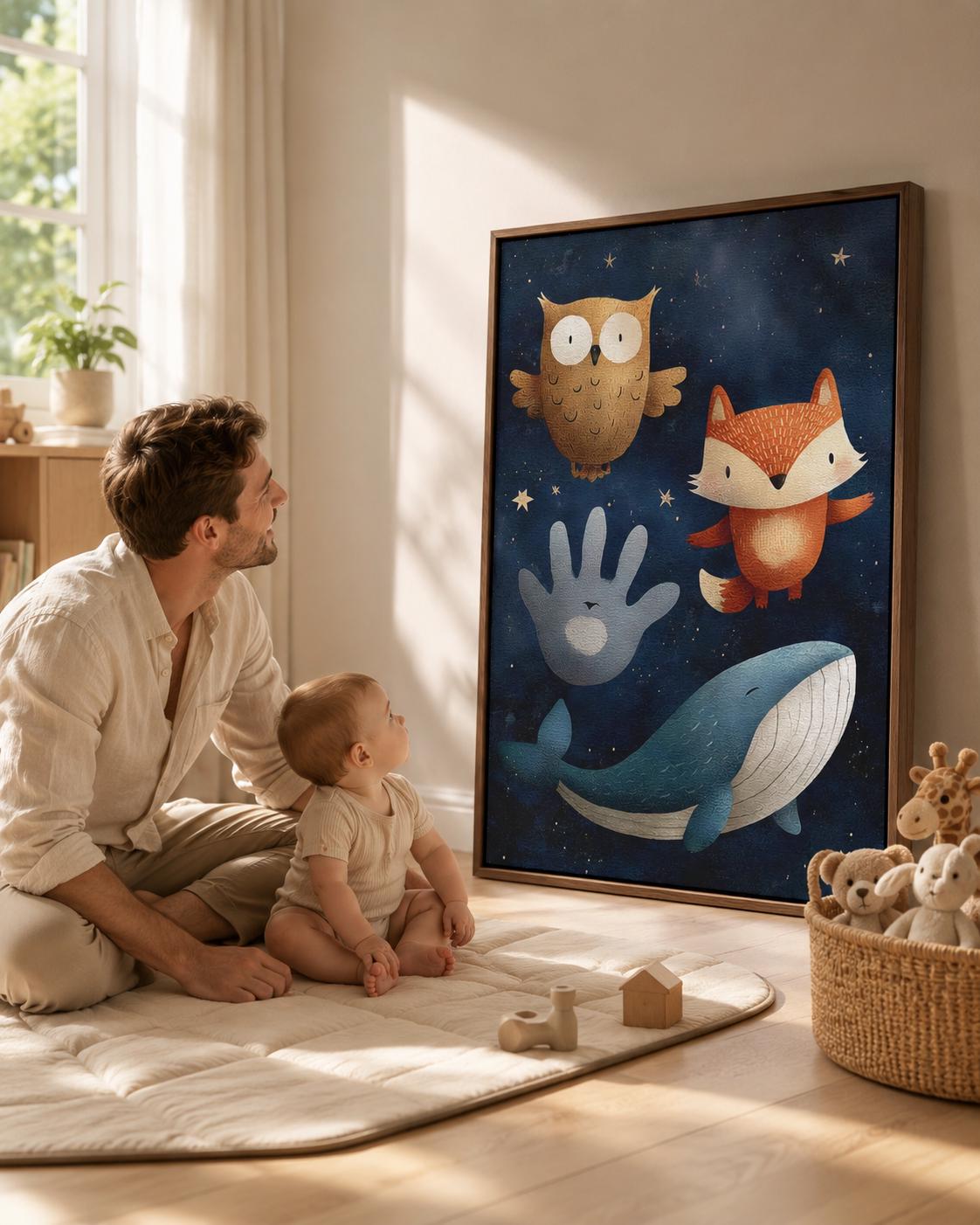 Illustrated whale, fox and owl in a navy starry-night scene with stars detail view