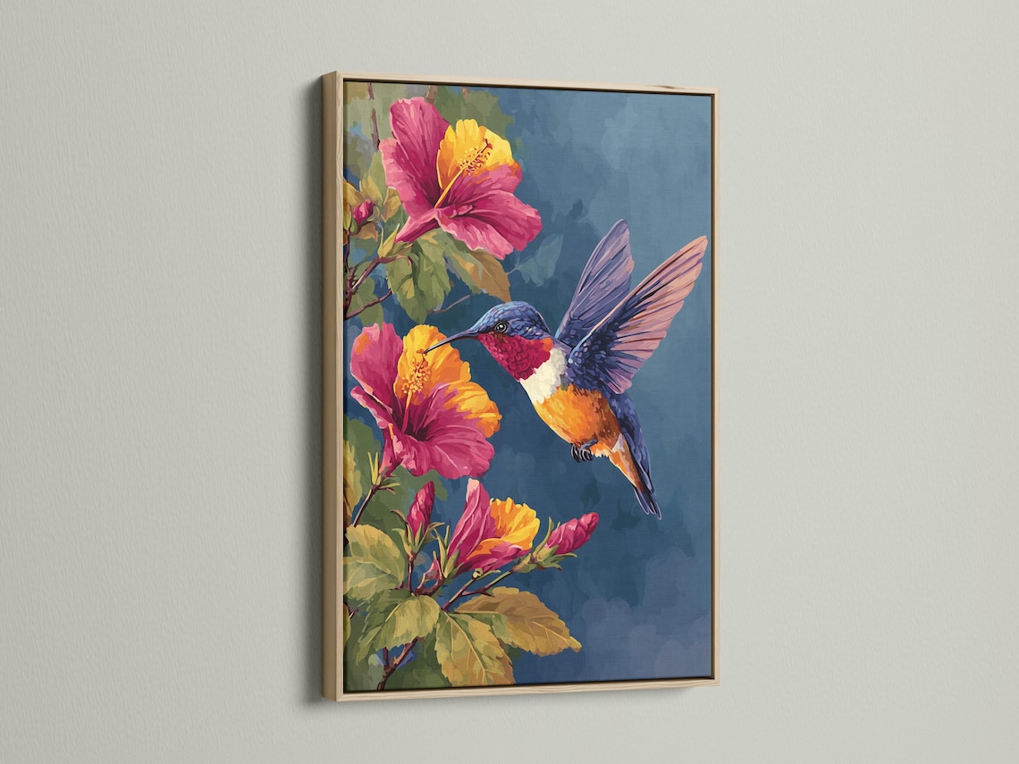 Room mockup showing a hummingbird and hibiscus floral artwork