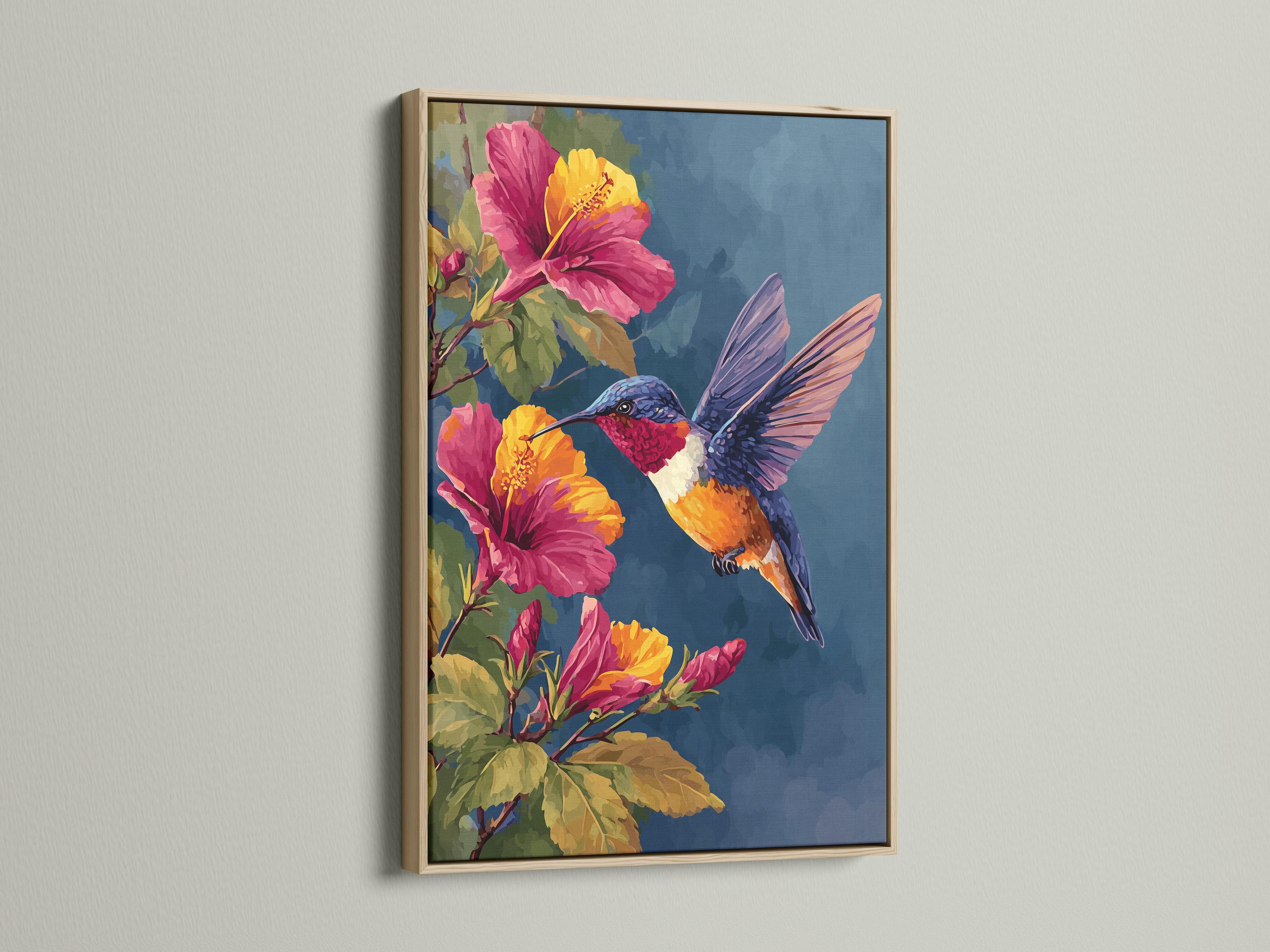 Room mockup showing a hummingbird and hibiscus floral artwork