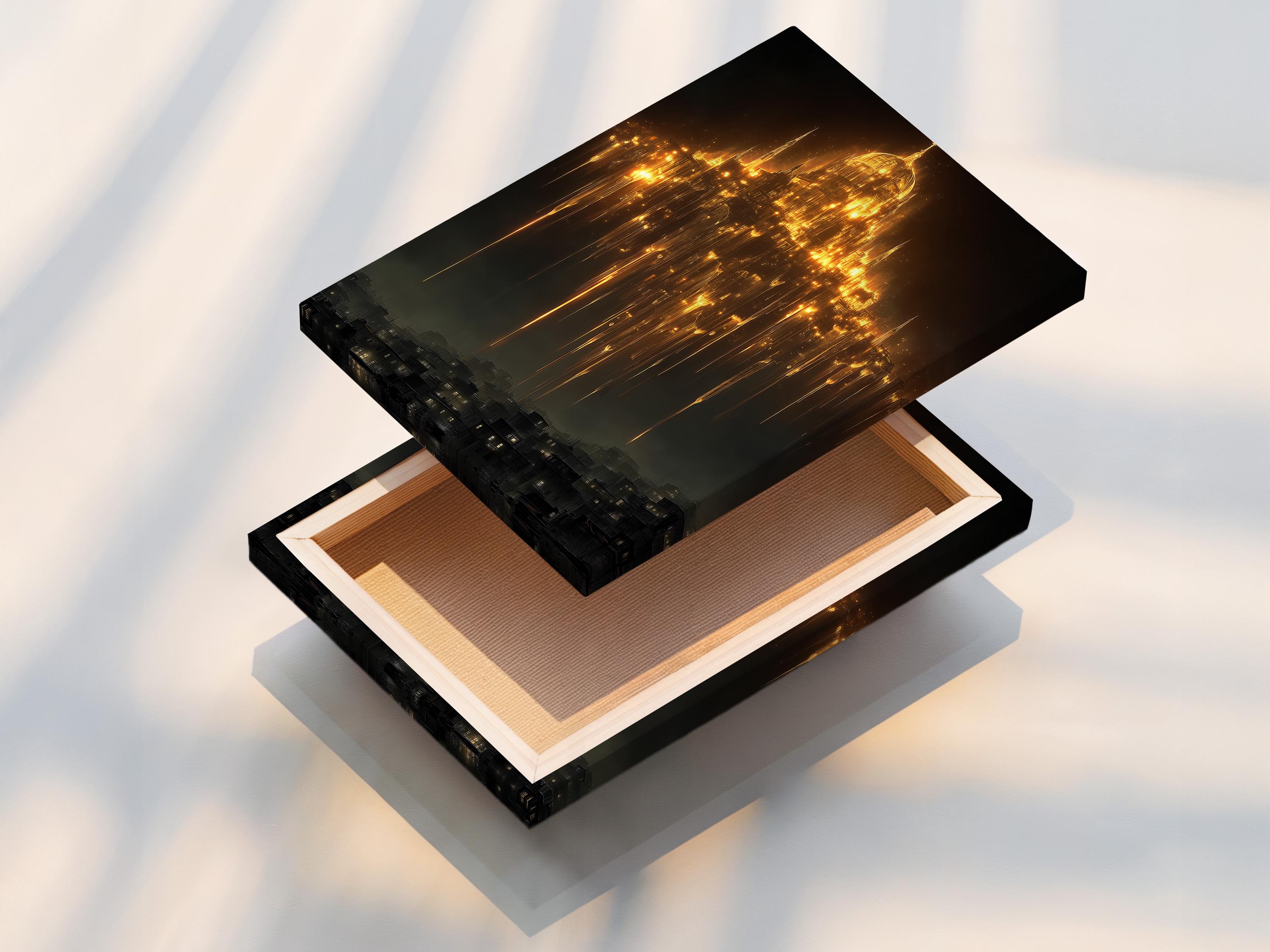 Glowing golden cathedral-like tower above a dark city skyline with cascading light streaks detail view