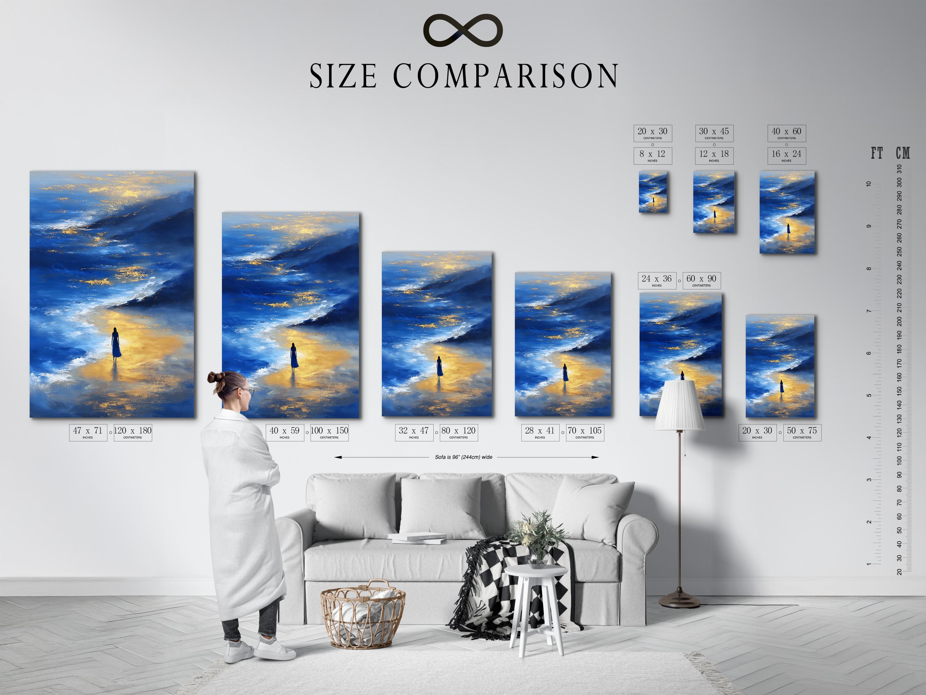 Blue and gold seascape artwork with layered ocean waves, a solitary figure, and a reflection detail view