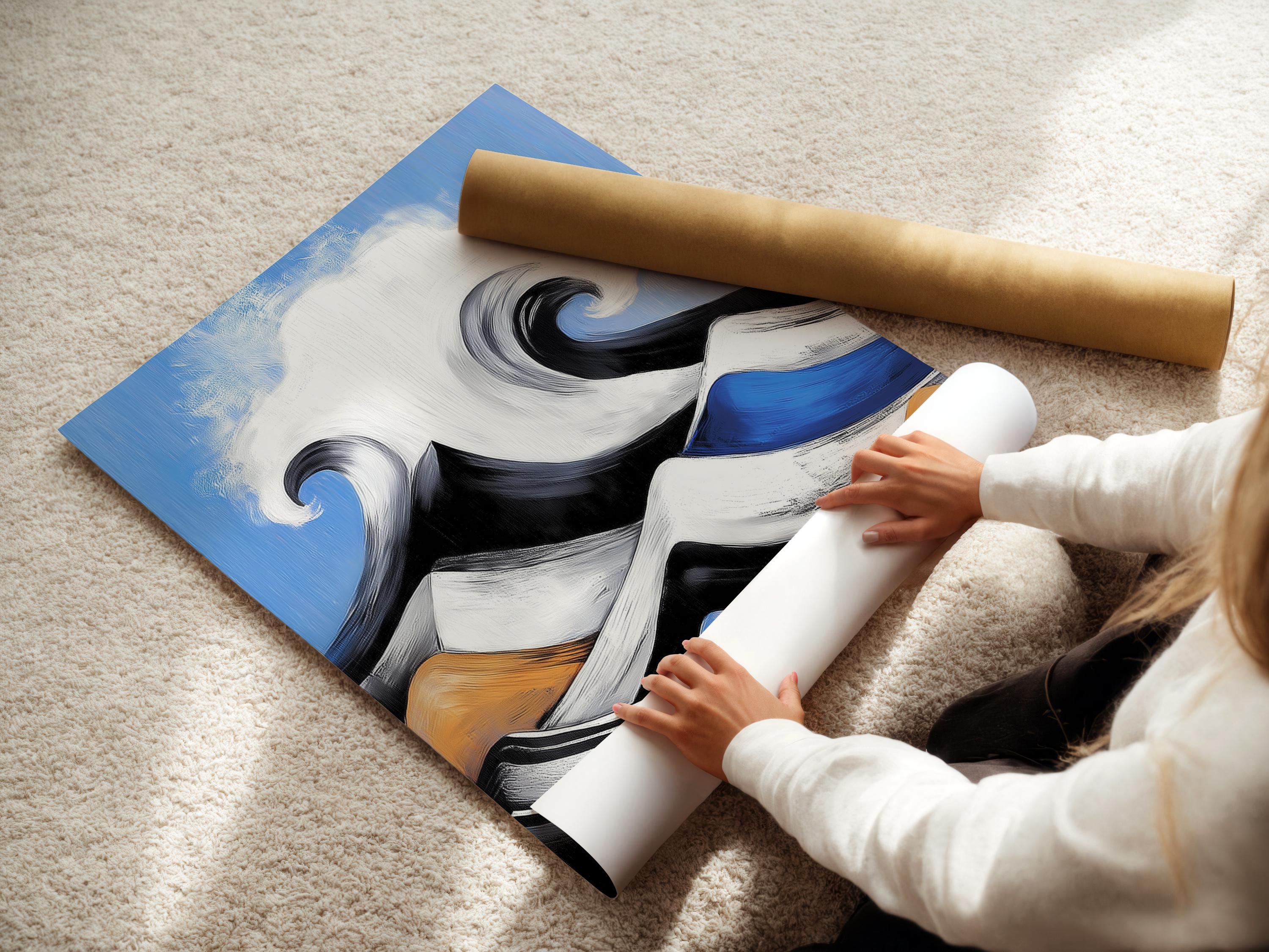 Abstract wave seascape with white and blue curling wave shapes on a blue background detail view