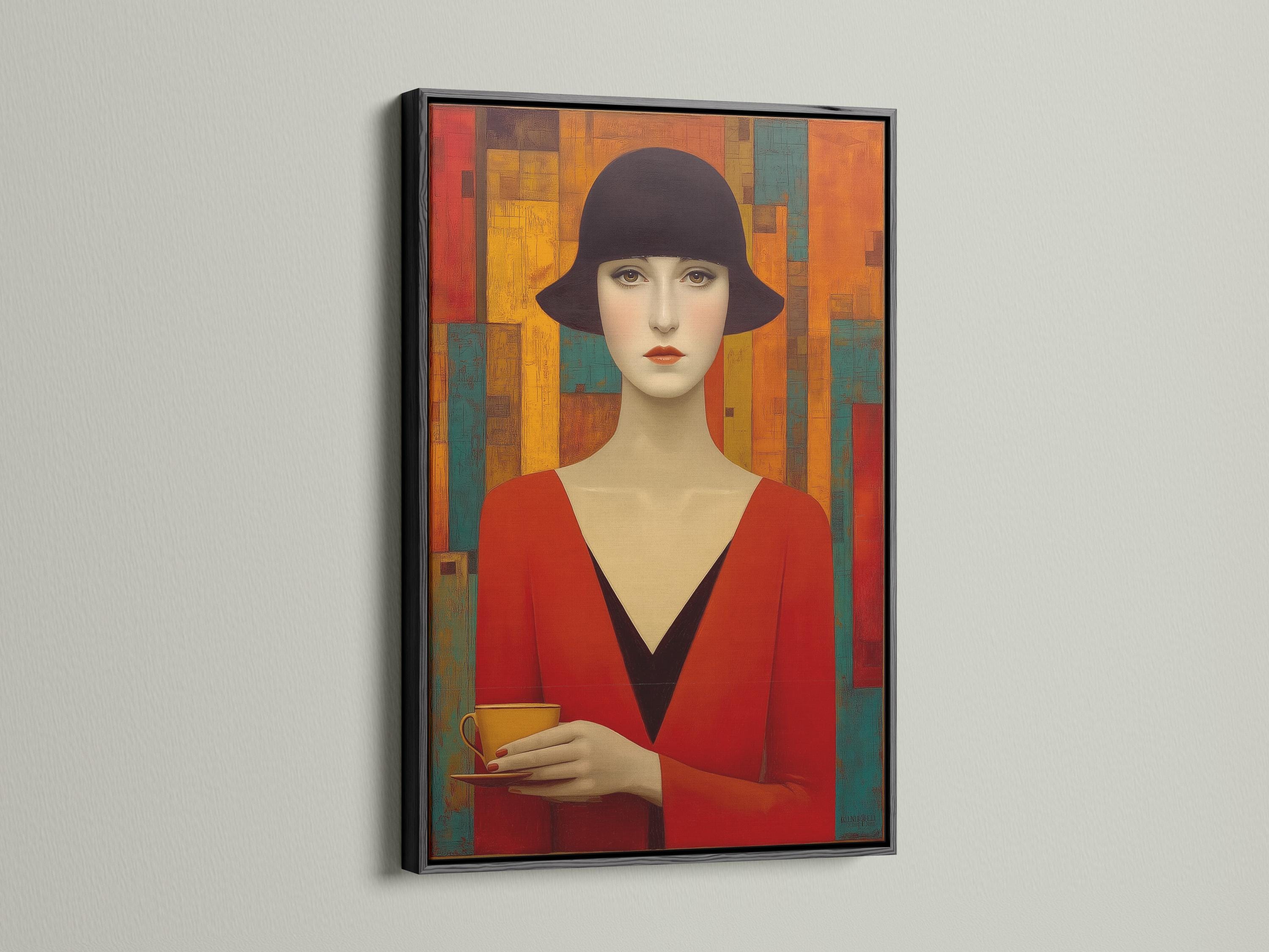 Stylised woman portrait with dark hat, red dress and geometric Art Deco blocks in red, gold and teal detail view