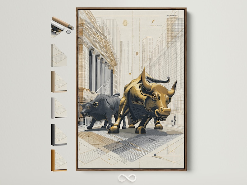 Gold bull and dark bear face-off in an architectural grid city drawing with beige background