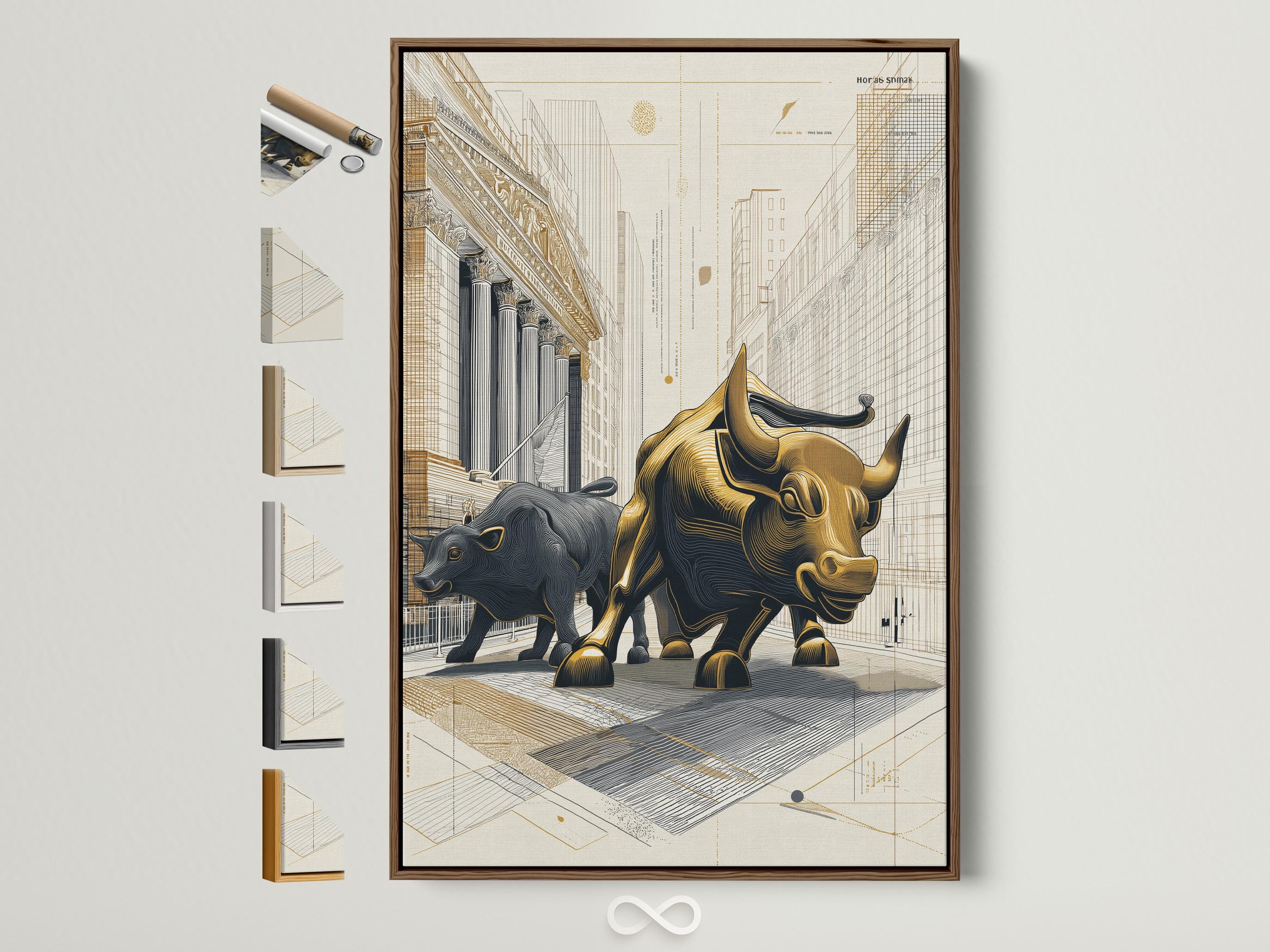 Gold bull and dark bear face-off in an architectural grid city drawing with beige background