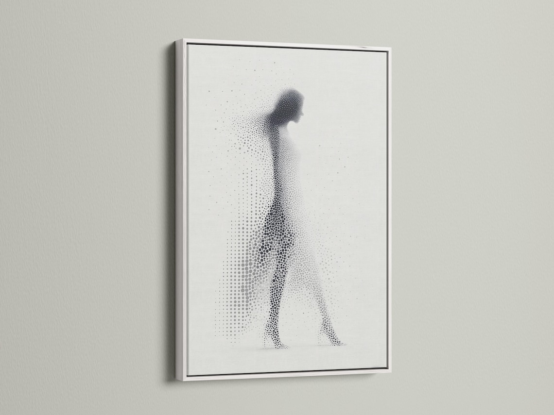 Grey-scale dotted silhouette of a standing human figure on a light background detail view