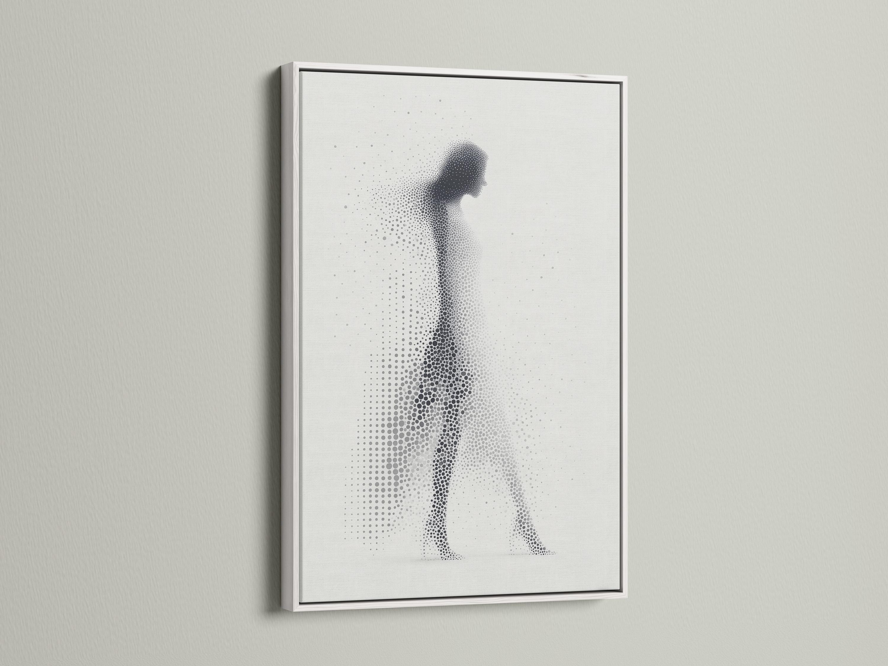 Grey-scale dotted silhouette of a standing human figure on a light background detail view
