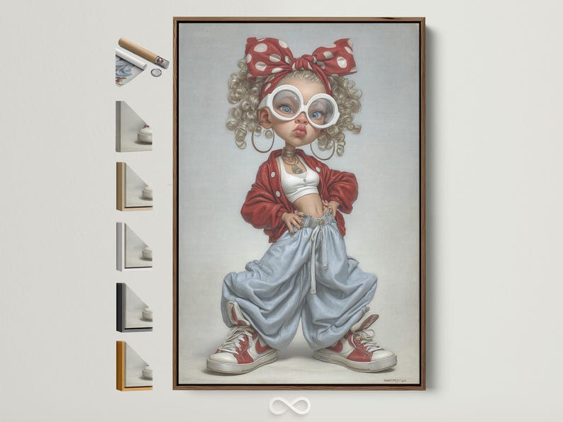 Pop art portrait of a curly-haired girl with white glasses, red bow and red jacket over denim trousers