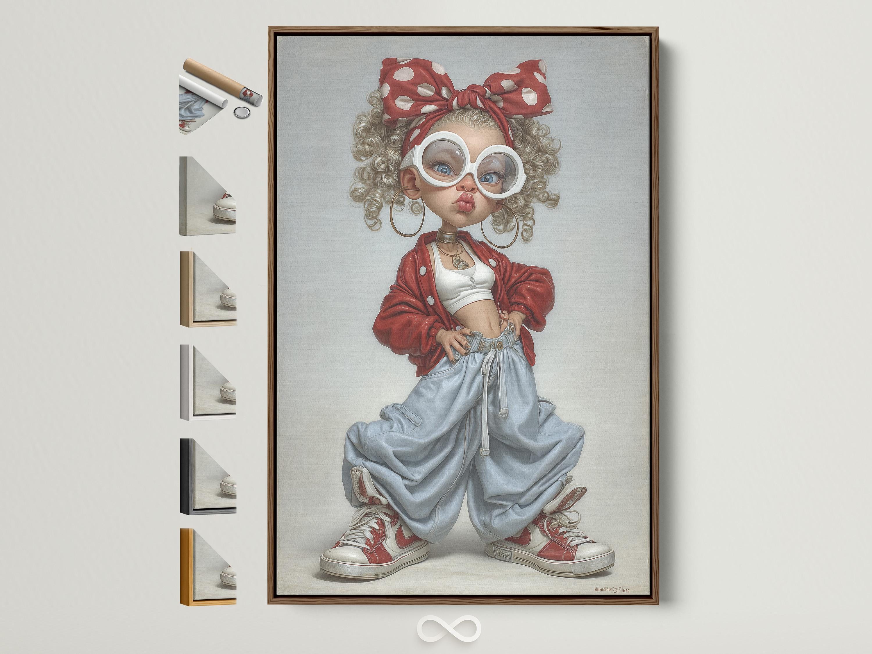 Pop art portrait of a curly-haired girl with white glasses, red bow and red jacket over denim trousers