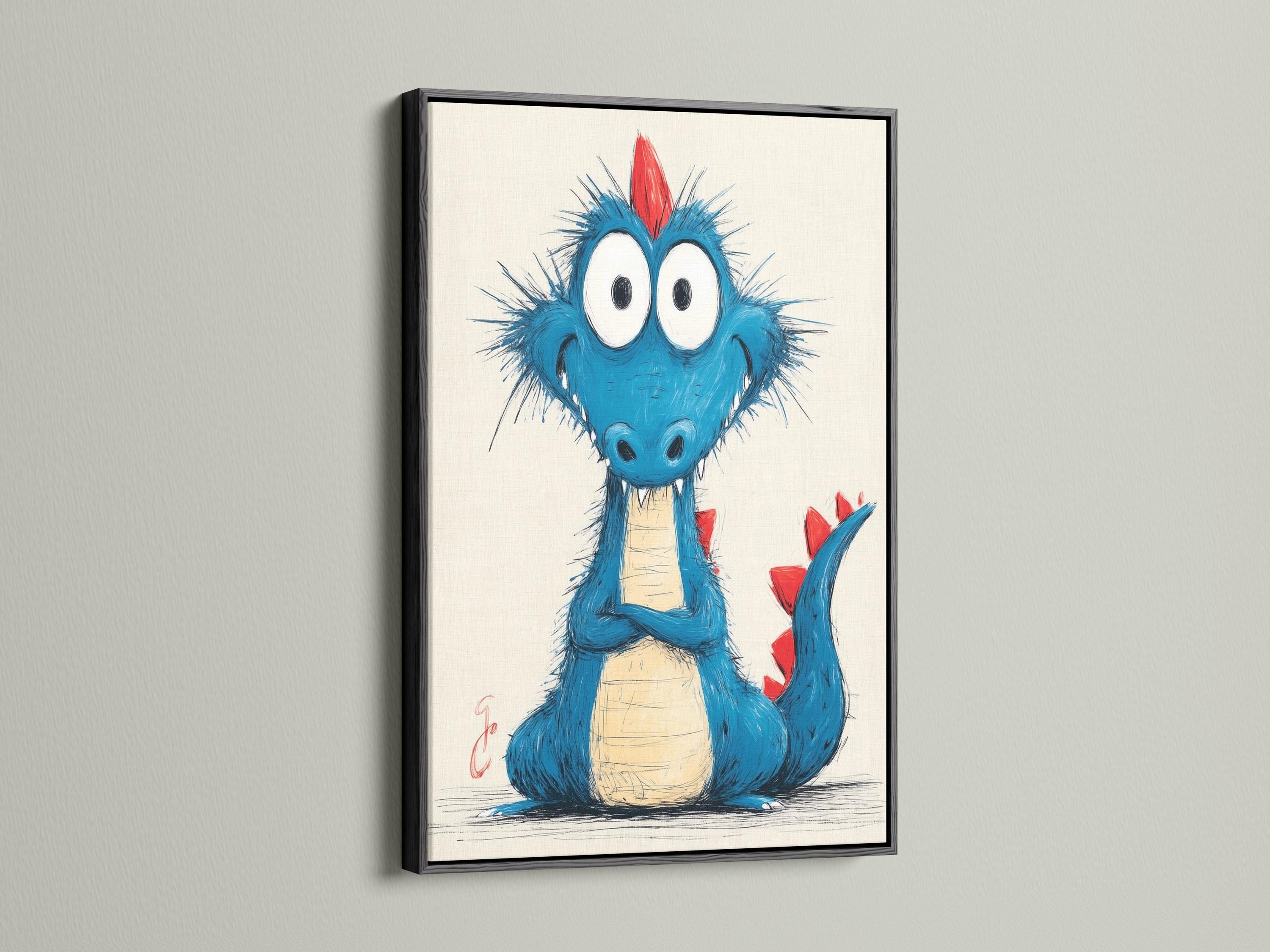 Room mockup showing a framed cartoon blue dragon artwork