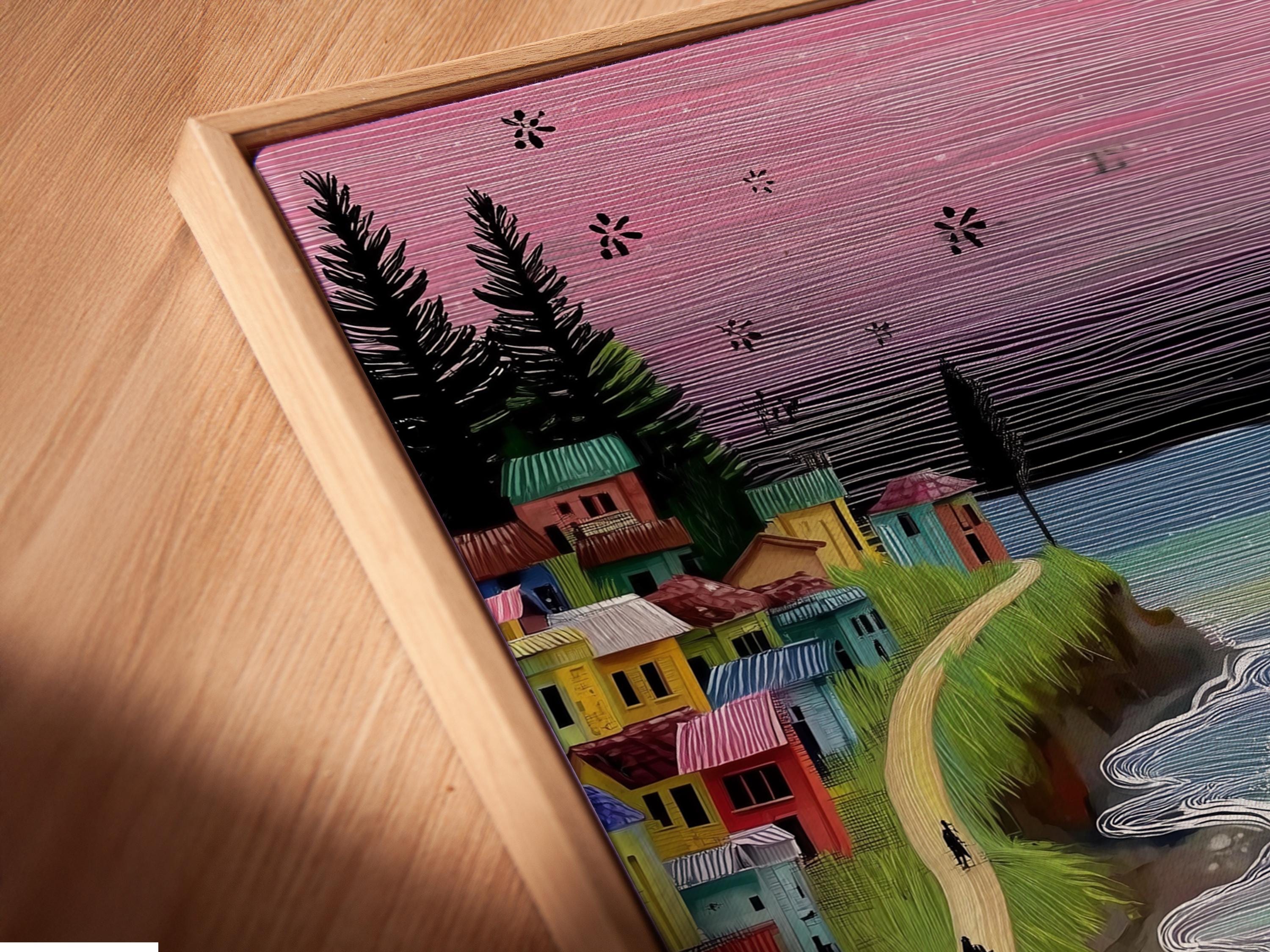 Retro beach village artwork with a pink sunset sky, ocean waves, and a red-and-white van detail view