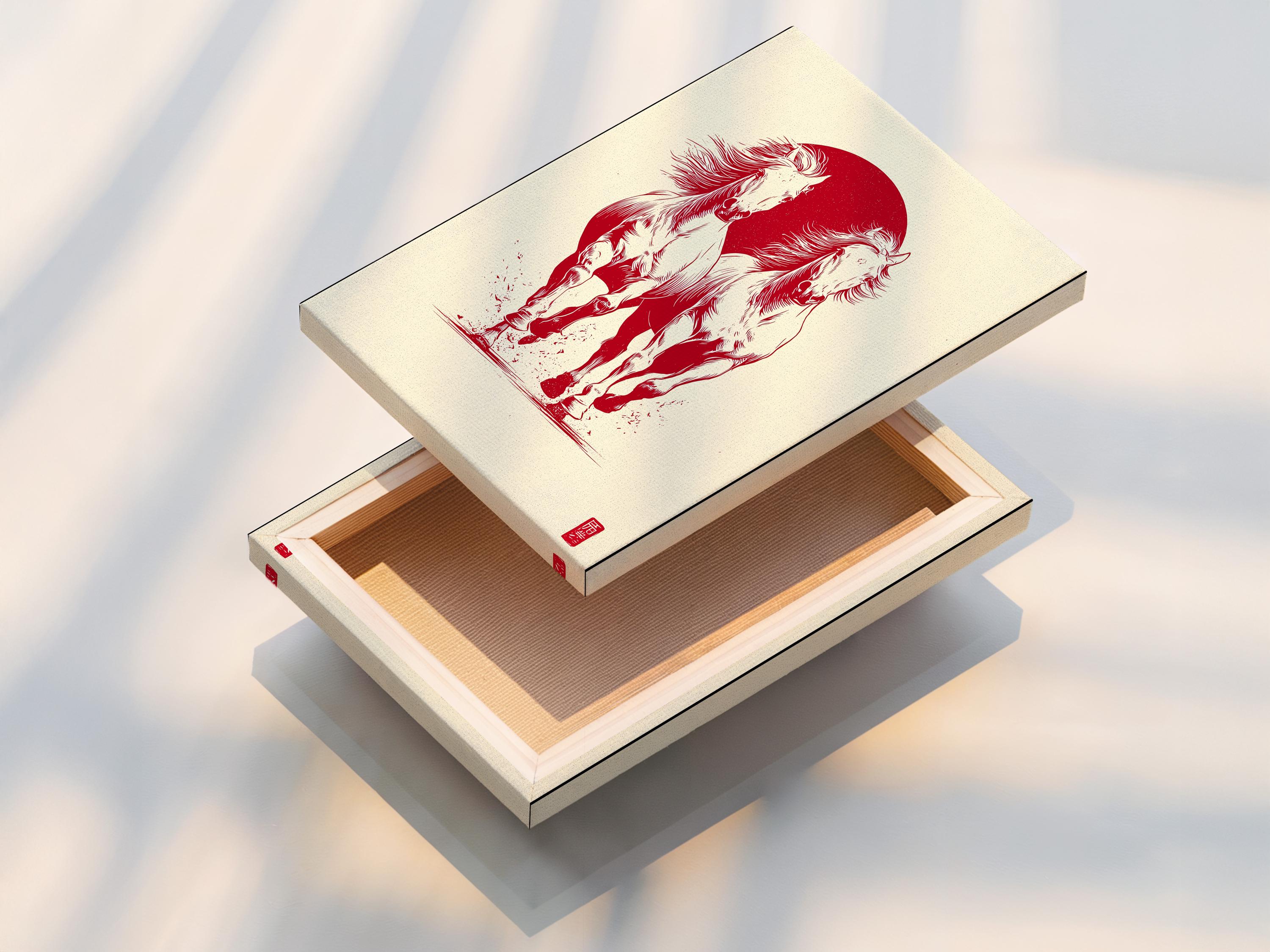 Wall mockup showing a framed artwork with two rearing horses in white against a red circle