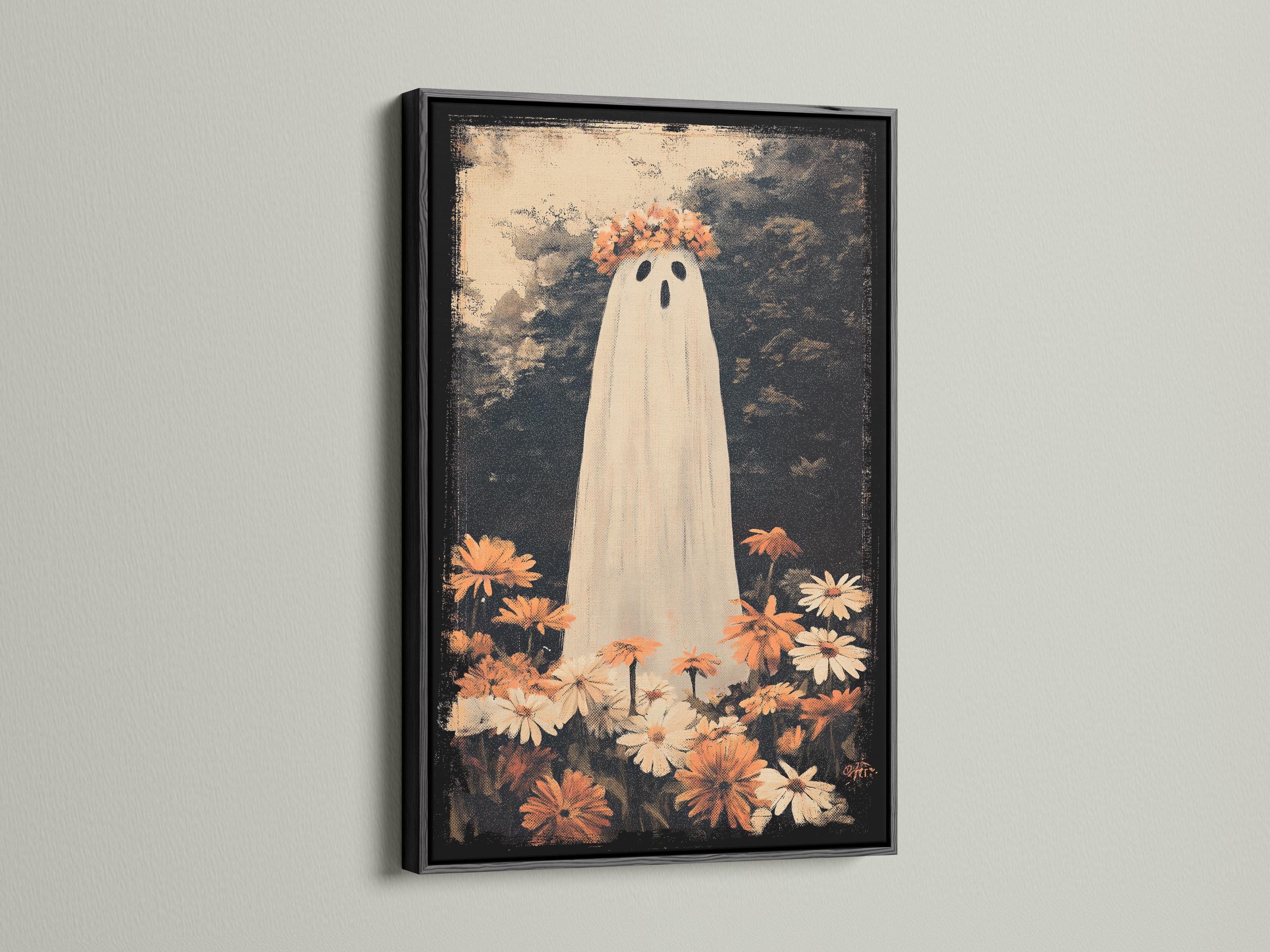 A tall white ghost with oval eyes and an orange flower crown surrounded by autumn flowers on a dark speckled background detail view