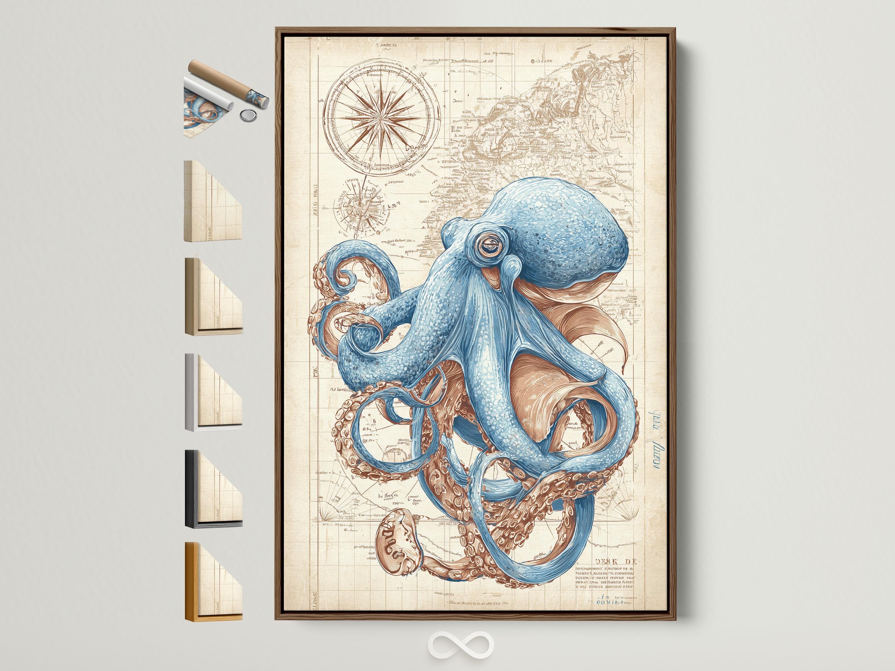 Blue octopus illustration over an antique beige nautical map with compass-like circles detail view