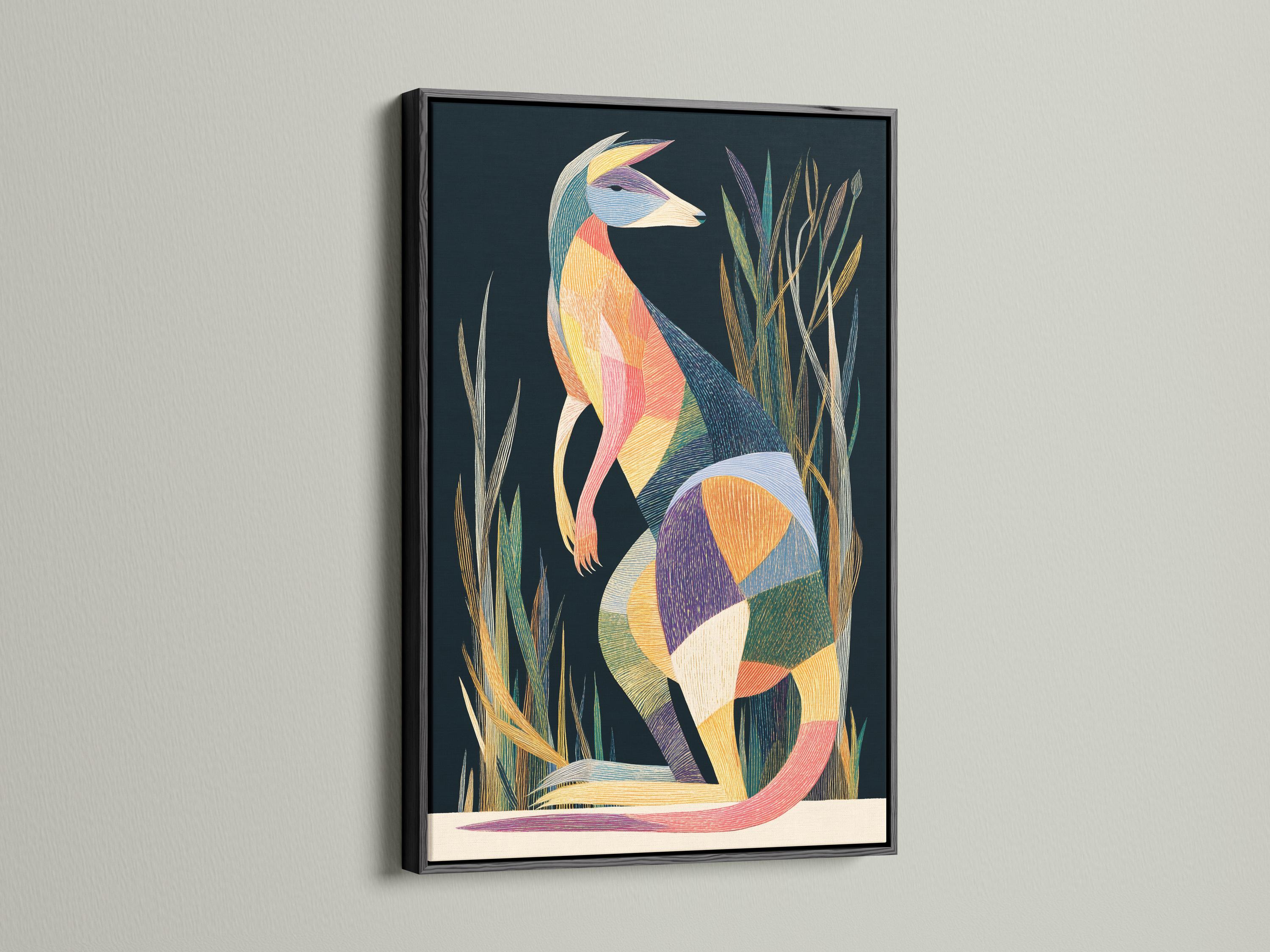 Wall mockup showing geometric kangaroo artwork in a framed design on a light wall