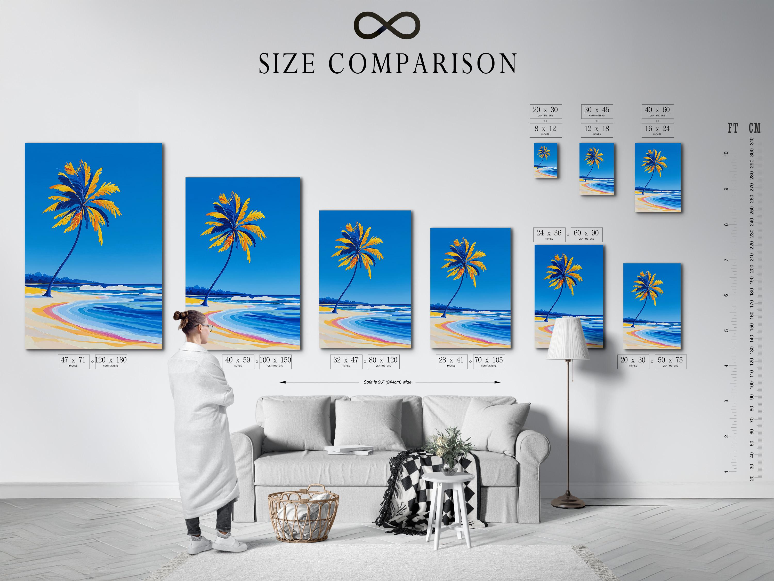 Room mockup showing a framed tropical beach seascape with palm tree, ocean waves and sandy shore