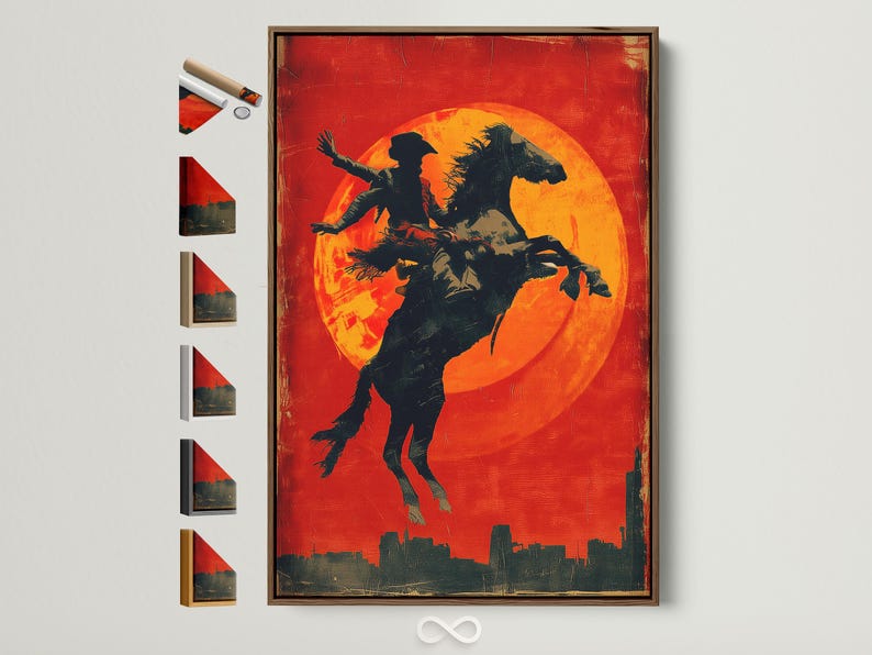 Silhouette of a cowboy riding a horse against a glowing orange sun on a red textured background
