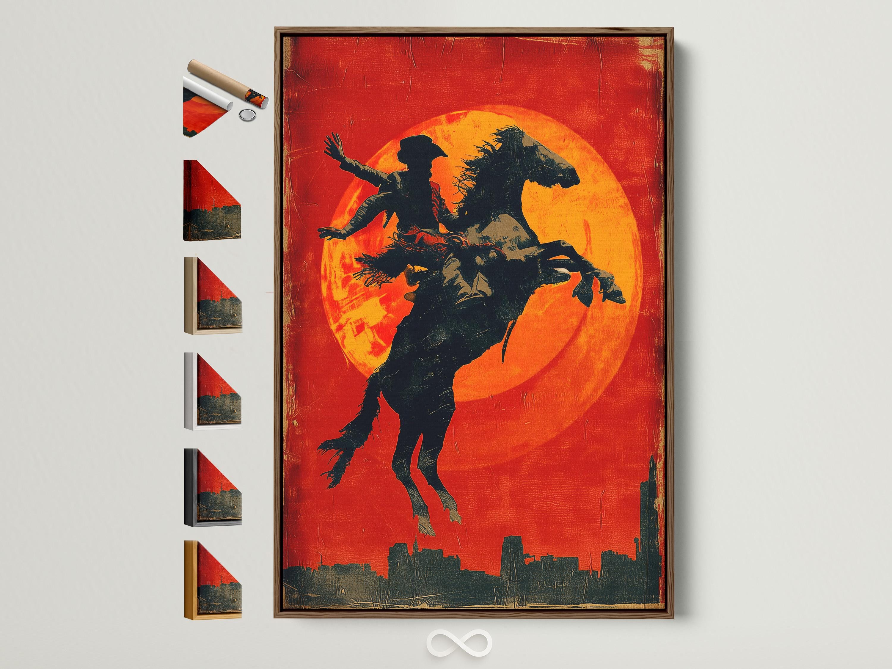 Silhouette of a cowboy riding a horse against a glowing orange sun on a red textured background