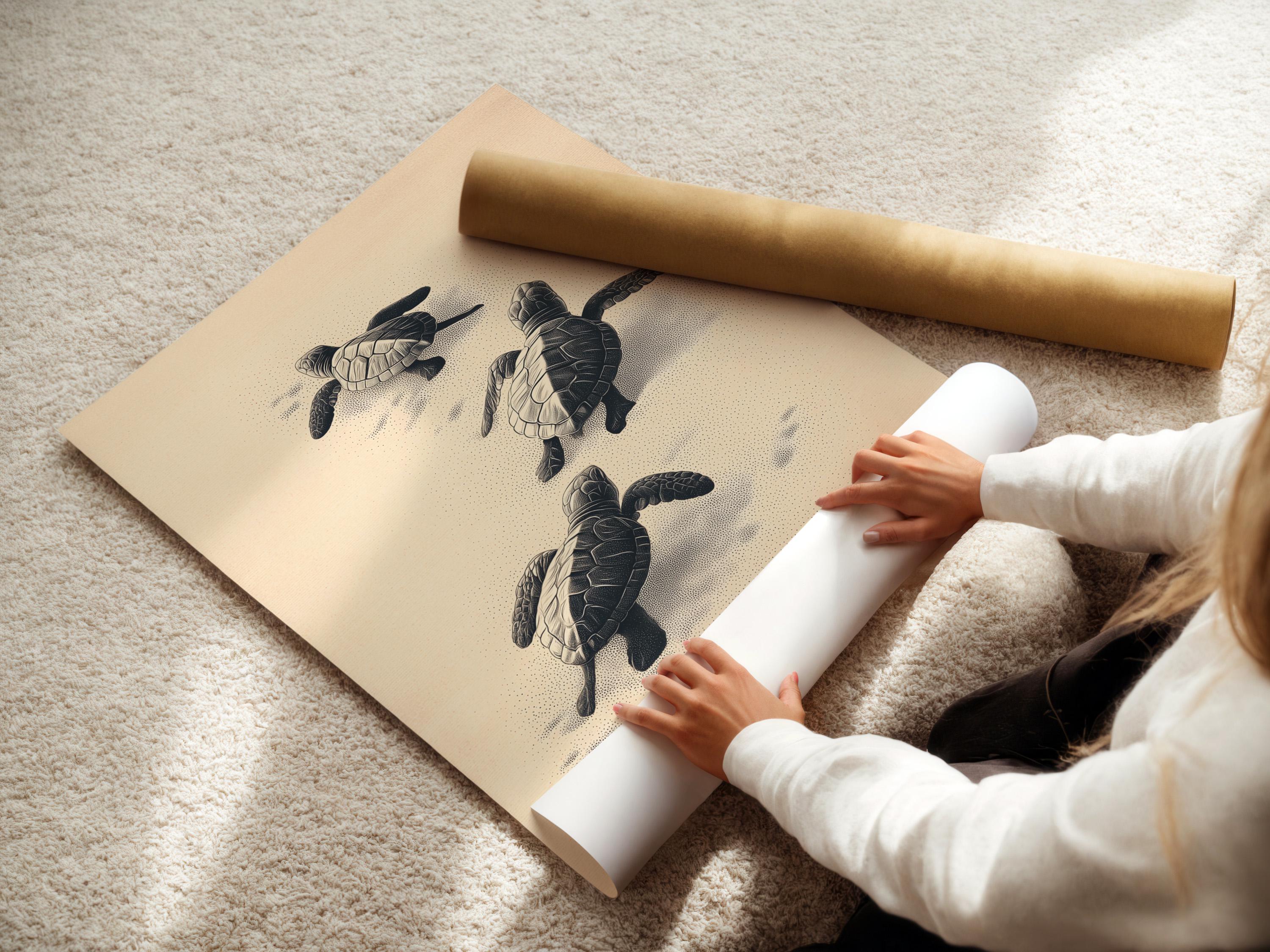 Illustrated sea turtles in charcoal tones on a warm beige background with dotted sand texture detail view