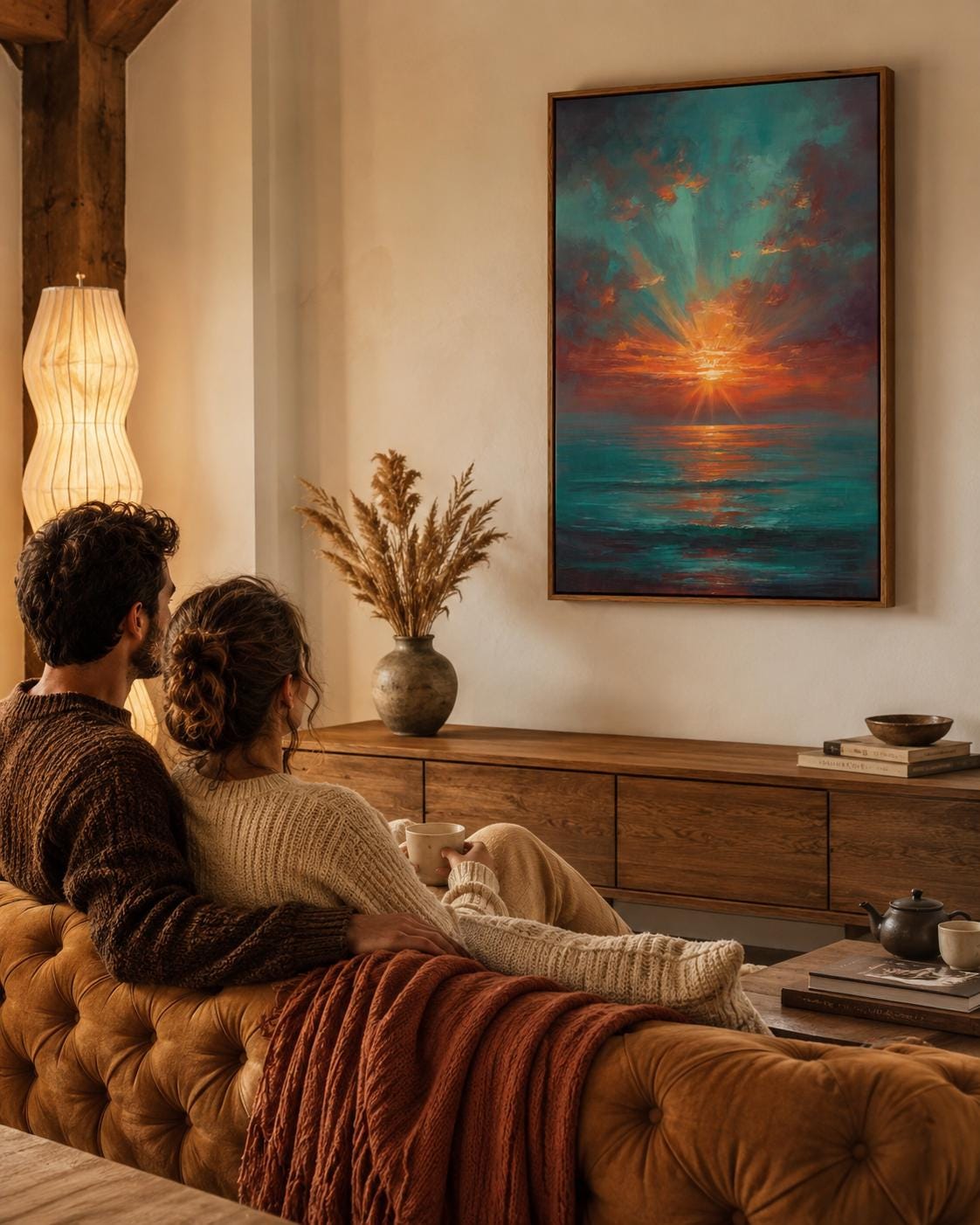 Room mockup with a sofa and a framed teal and copper sunset seascape artwork on the wall