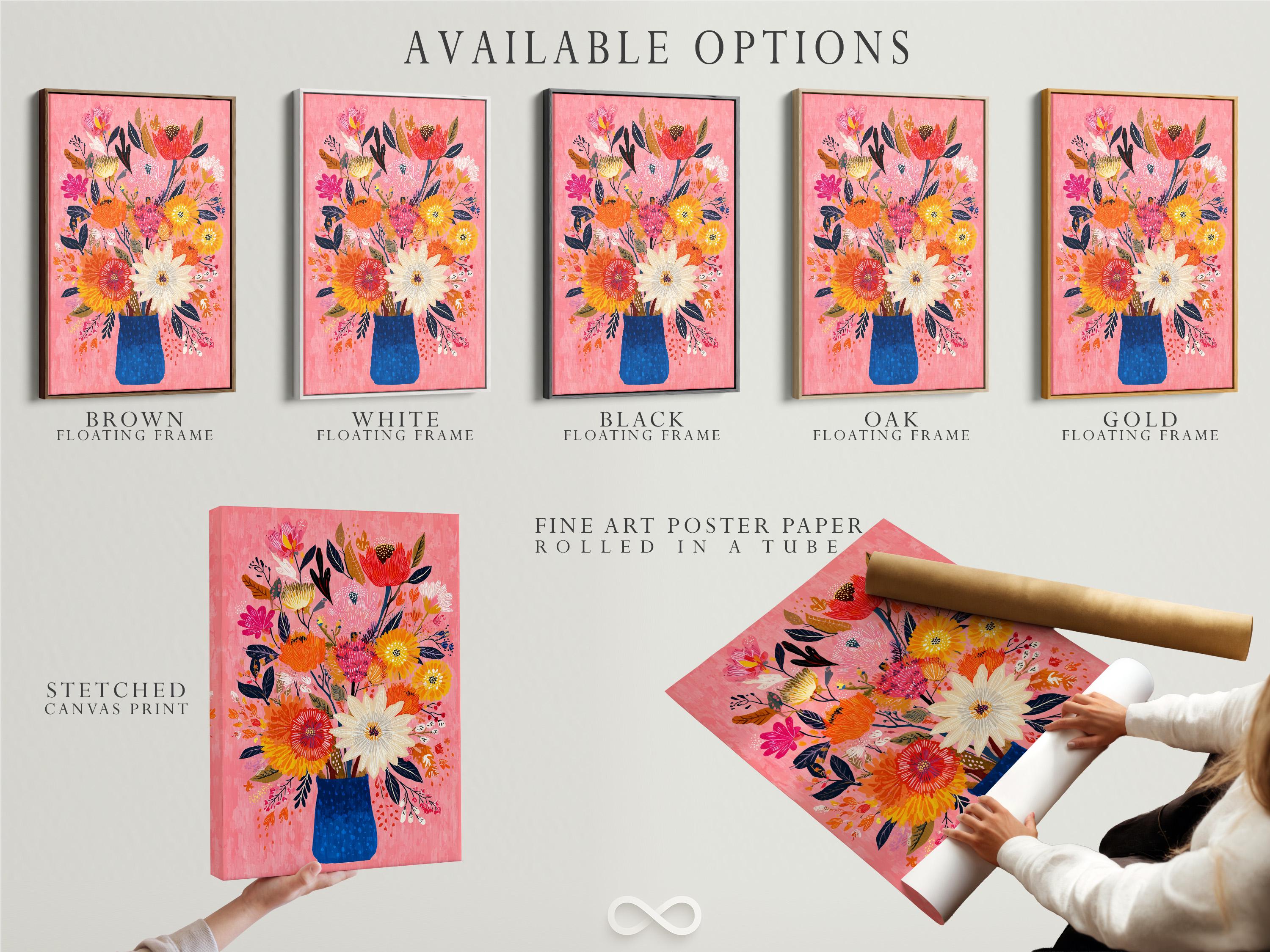 Room mockup showing a framed floral bouquet artwork on a wall