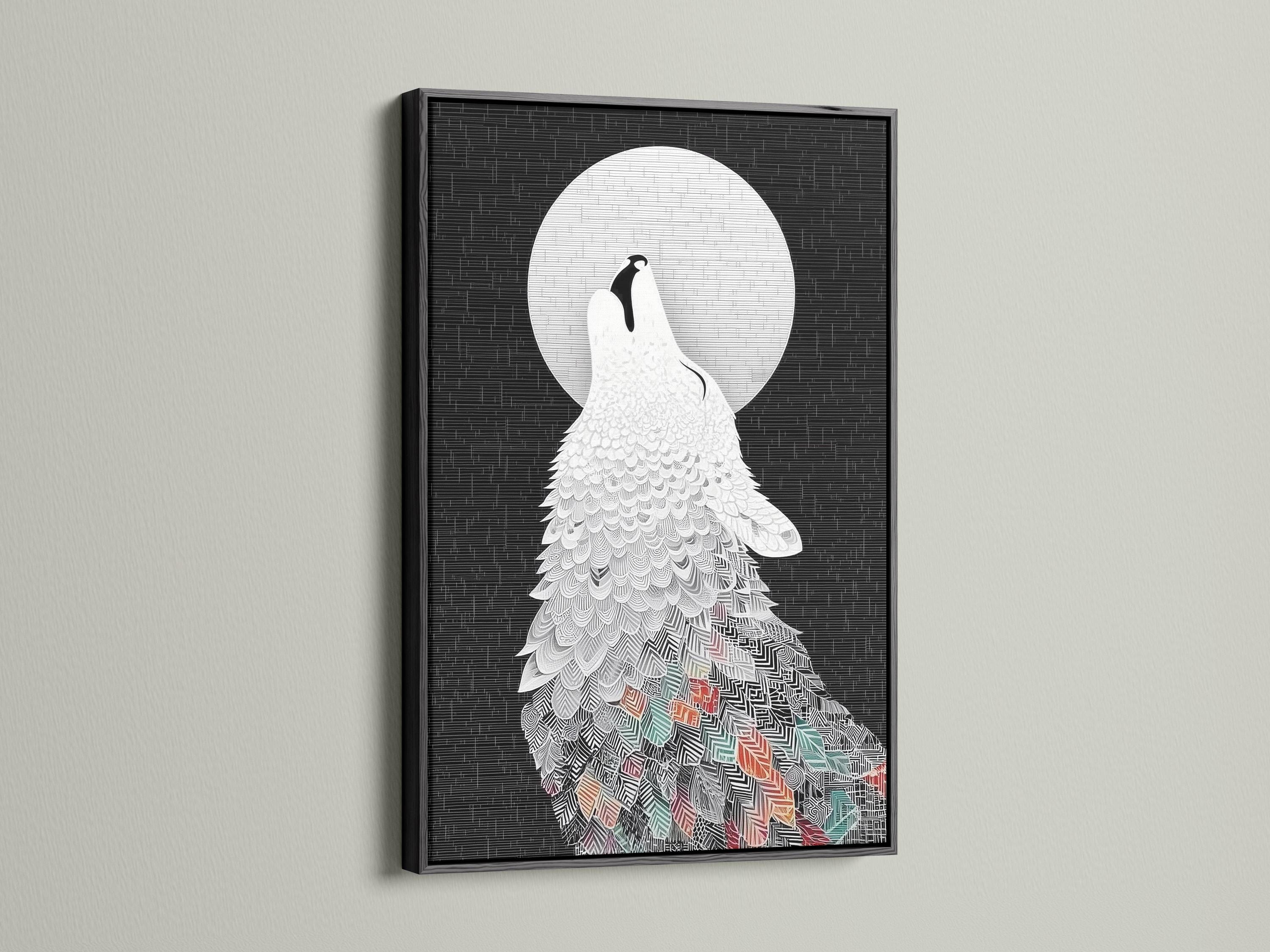 Room mockup showing framed wolf howling at moon artwork