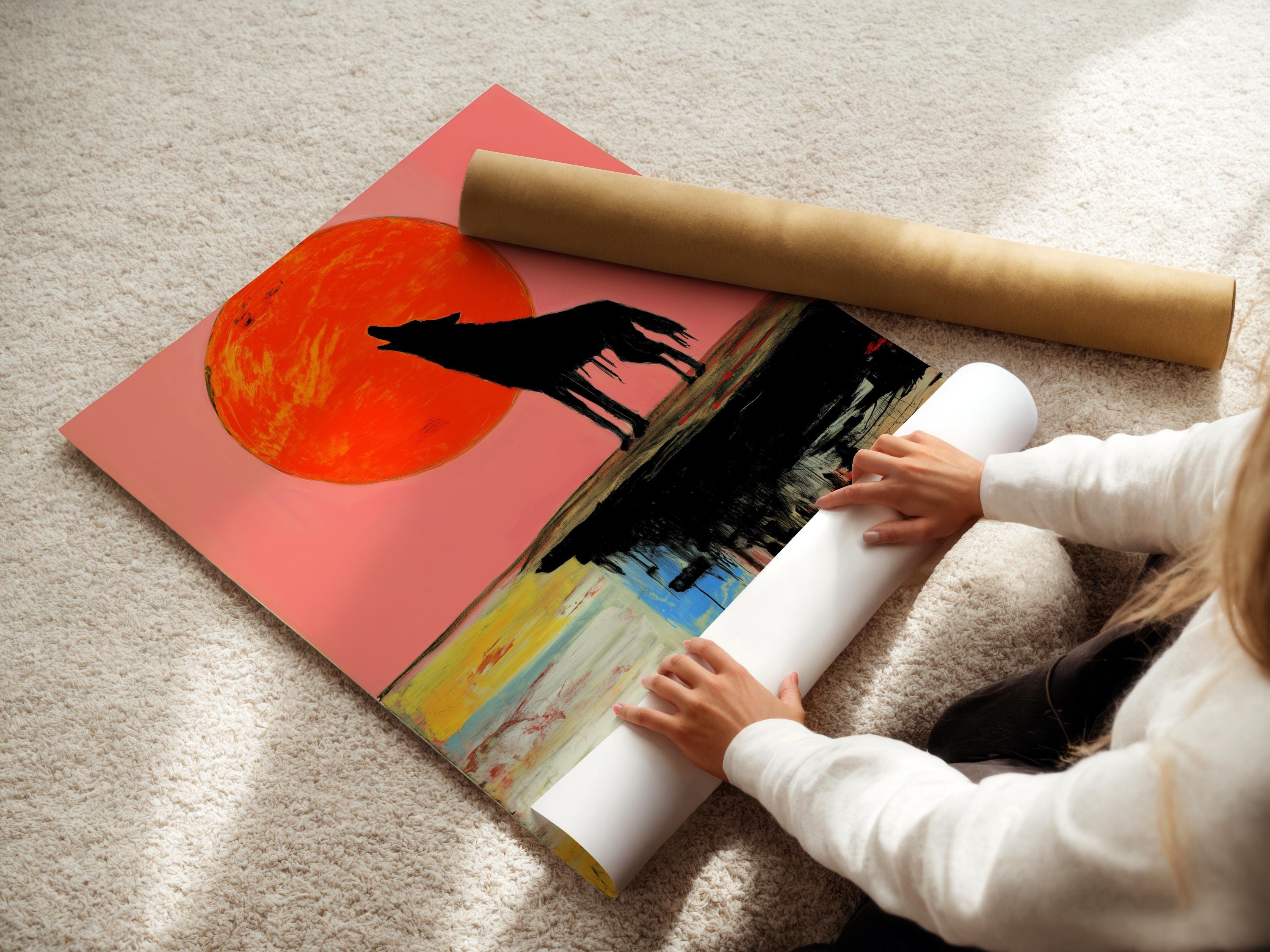 Black howling wolf silhouette under an orange-red full moon with abstract multicolour reflection detail view