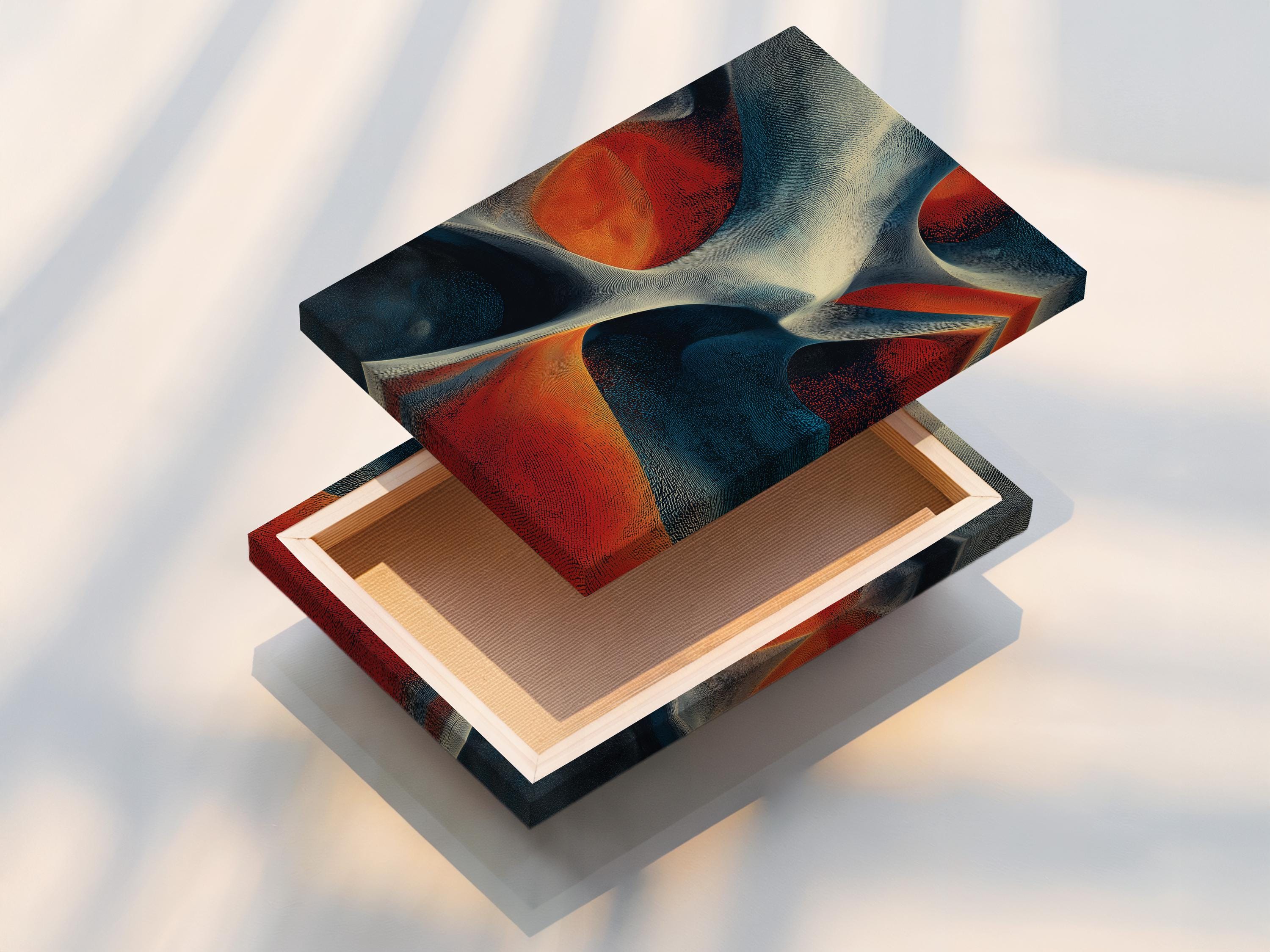 Abstract artwork with cream flowing curves and teal, navy, orange and red textured shapes detail view