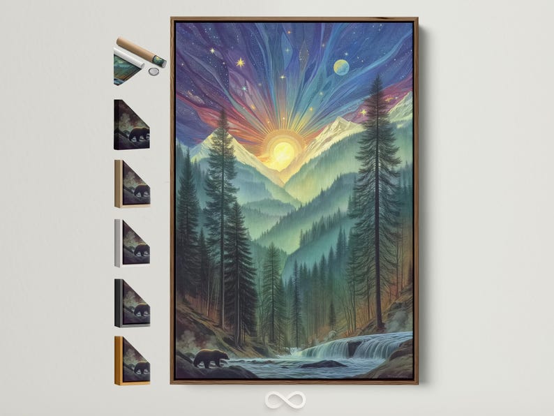 Mystical forest sunrise landscape with glowing orb, tall evergreens, and starry night sky