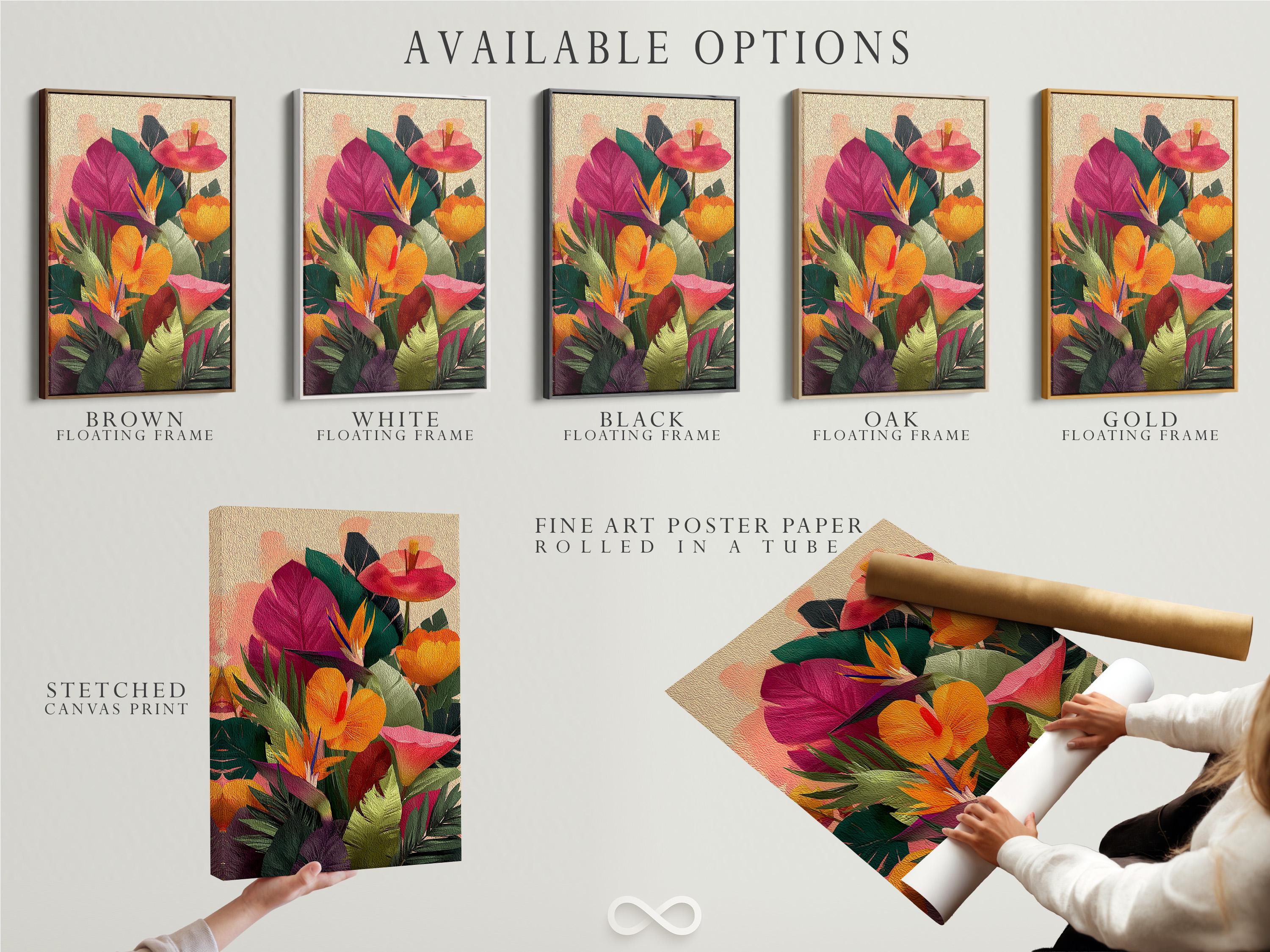 Tropical floral artwork mockup displayed on a wall with framed options shown